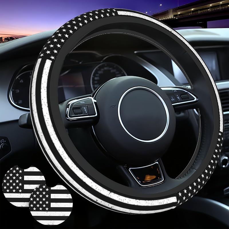Capa para Volante com Bandeira Americana Preta e 2 Porta-Copos para Carro Generic, 37,5–39,6 cm