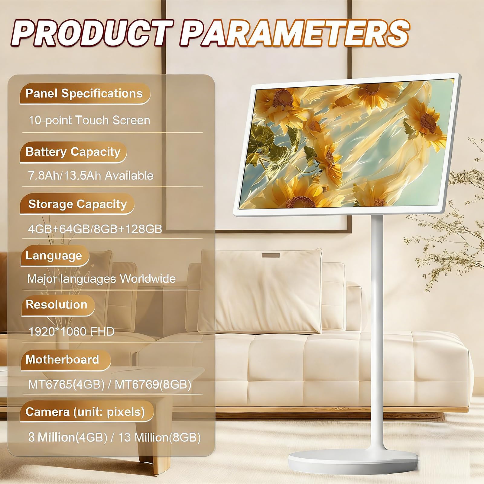 Przenośny telewizor Smart TV 61.0 cm/68.6 cm/81.3 cm, przenośny telewizor z ekranem dotykowym, ekran dotykowy 1920 x 1080 z kamerą, obrotowa konstrukcja, stojący, mobilny telewizor