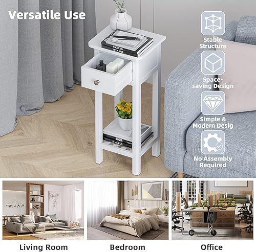 Miniatura 7 de GORELAX Mesa auxiliar estrecha, mesita de noche alta con cajón y estante, mesita de noche pequeña con dispositivo antivuelco, sin montaje, color