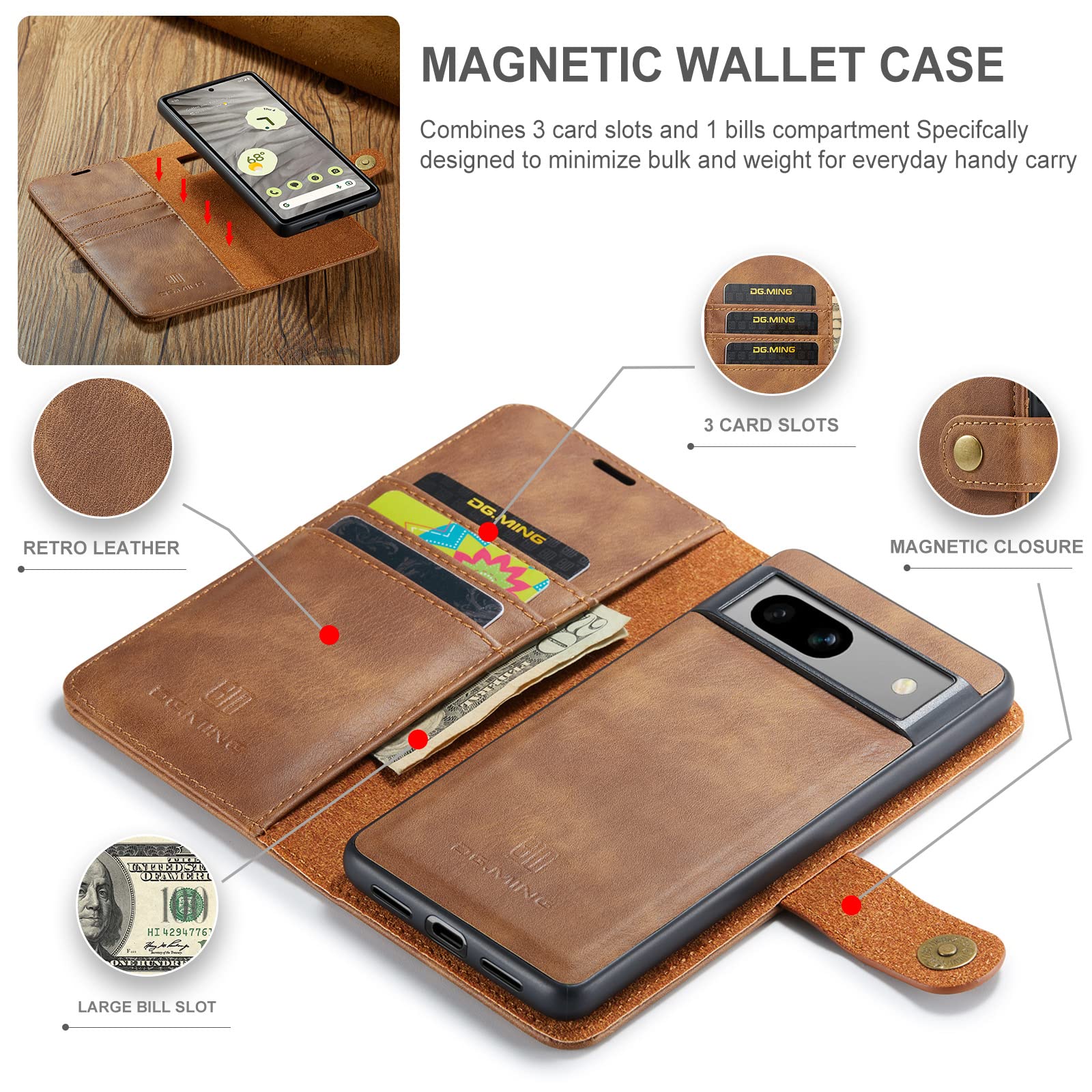 Funda Cartera para Google Pixel 10 Pro con Soporte Plegable, Marrón | Funda Interior Extraíble, Cuero Vacuno de Serraje, 3 Ranuras para Tarjetas y Bolsillo, Cierre Magnético, Soporte Plegable
