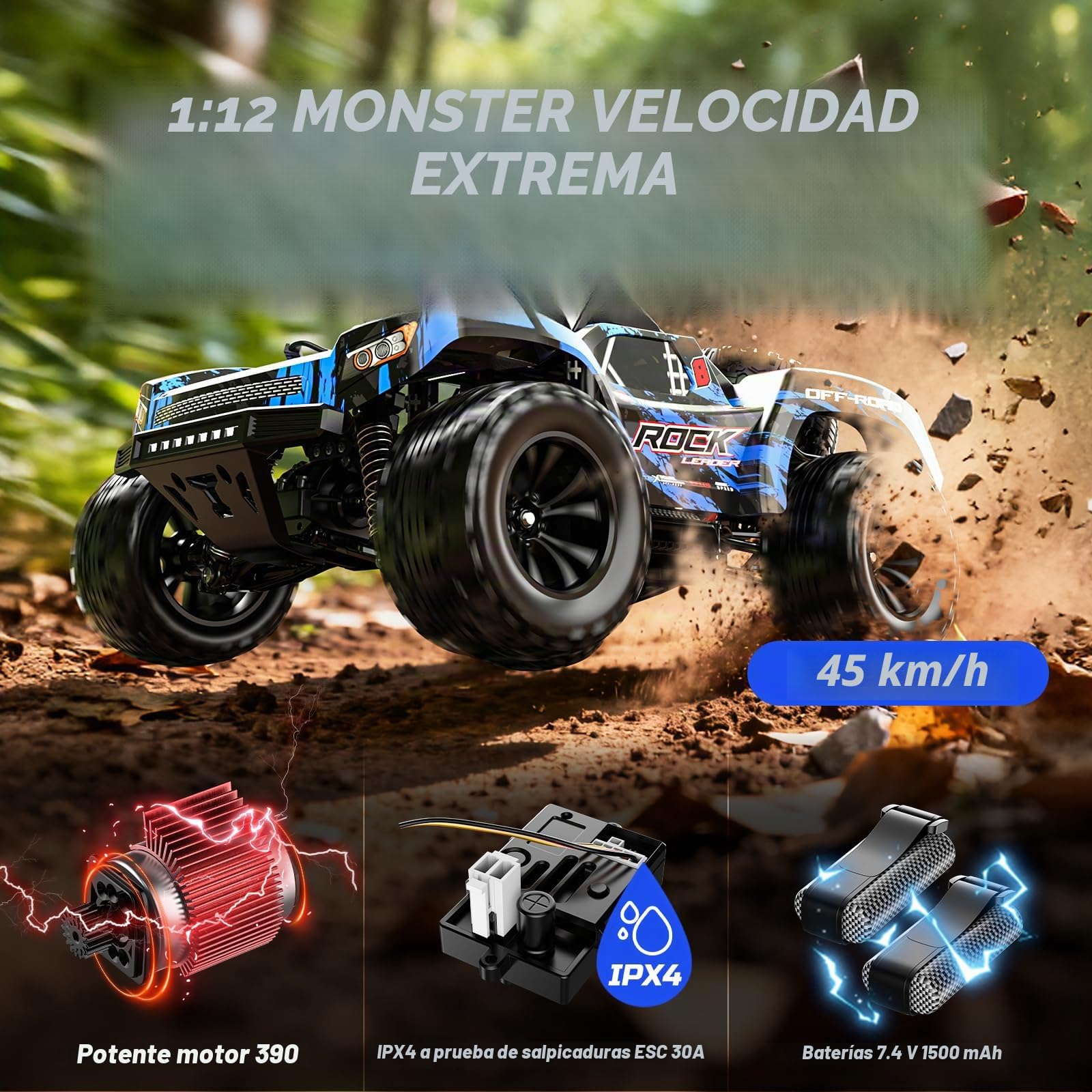 DEERC 9006E Coche Teledirigido de Alta Velocidad para Adultos 45 km/h, 4WD Monster Truck RC, Coche de Alta Velocidad 2,4 GHz, Monster Truck Impermeable con 2 baterías para niños y niños