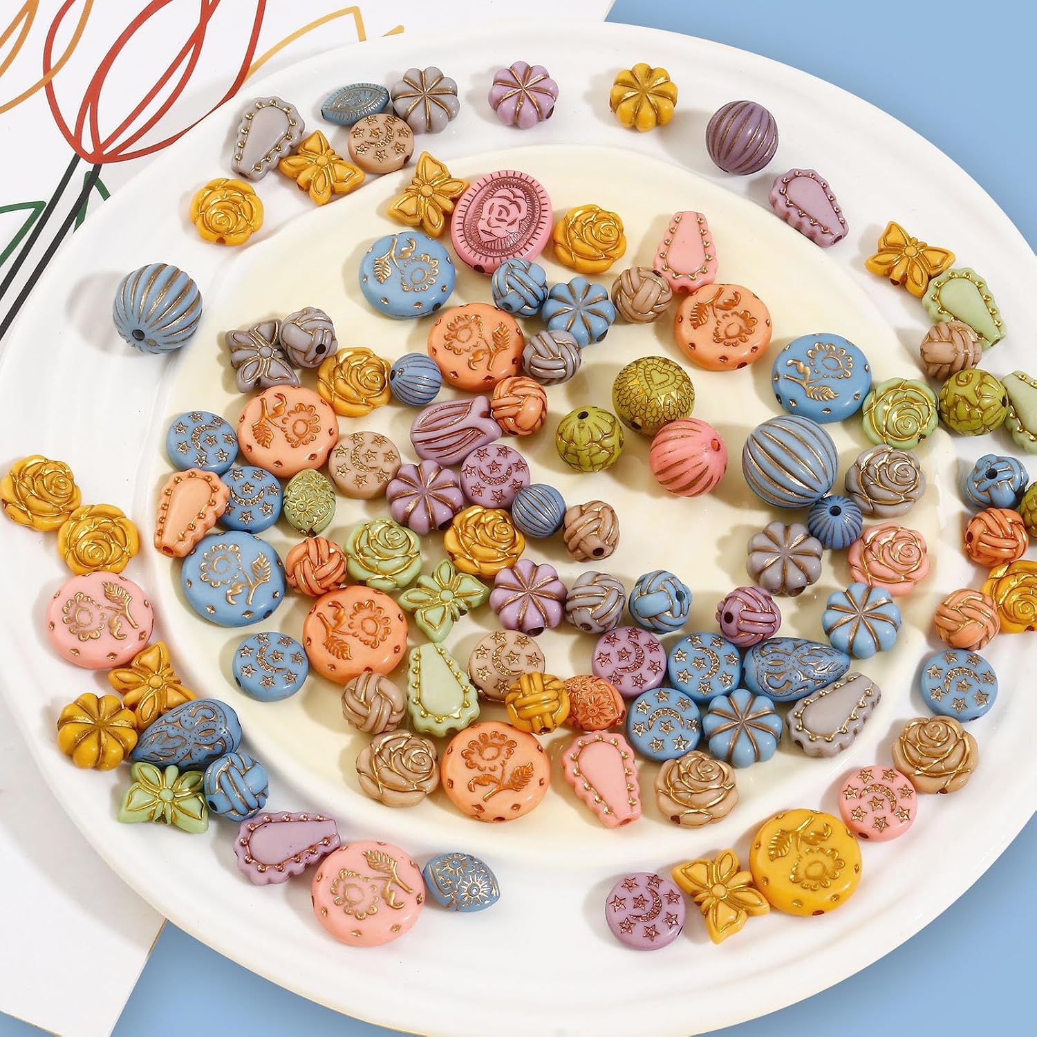 120-160Pcs Cute Assorted Kawaii Aesthetic Beads 100G Vintage Bohemian Acrylic Bead in Bulk Round Oval Butterfly Flower Czech Style Beads Jewelry Making Metal Enlaced Charm DIY Craft（Solid Colorful） image 5
