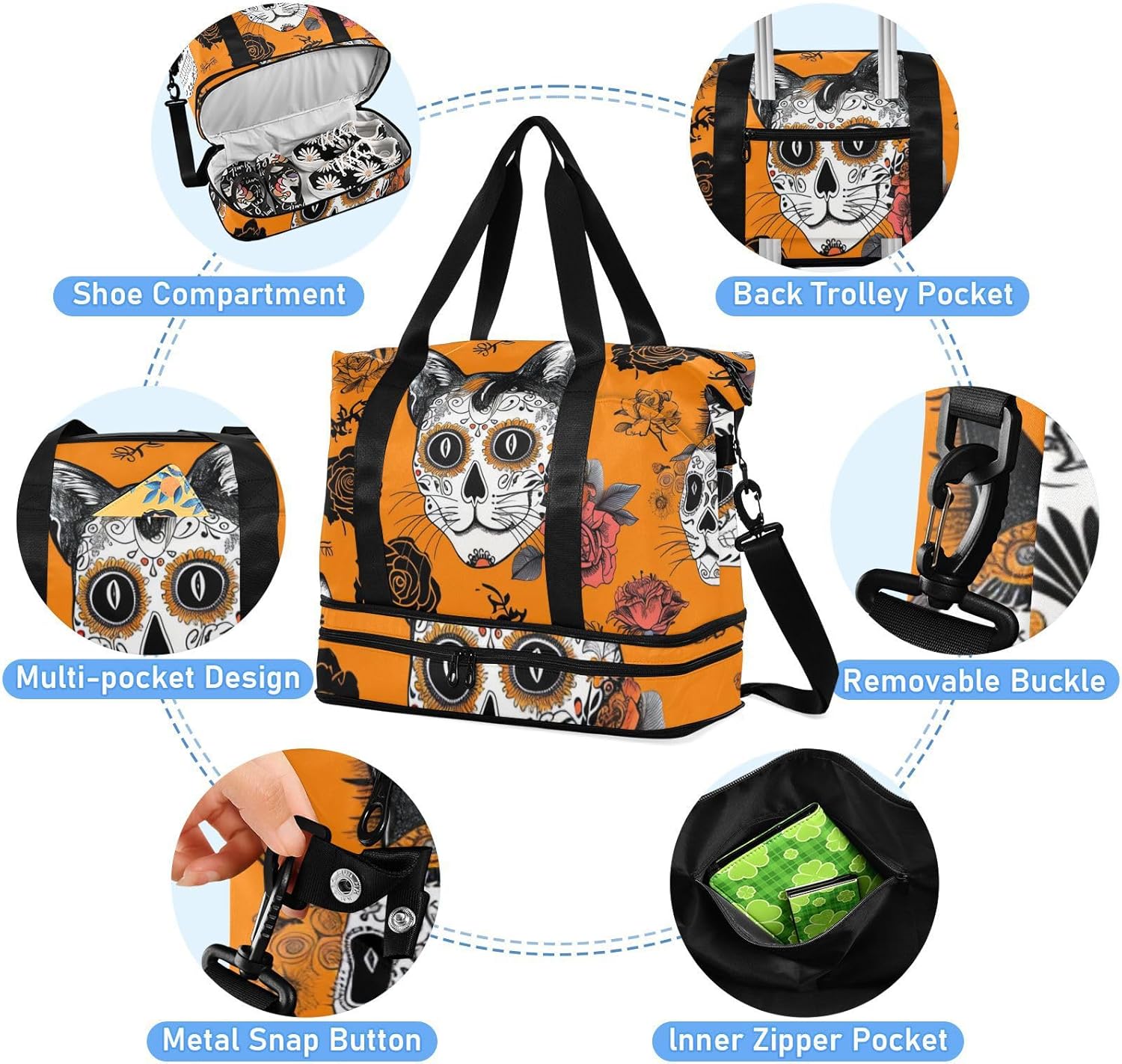 Gothic Skeleton Cat Sports Tote Gym Bag Sport Training Bag with Toiletry Bag for Yoga Large Capacity
