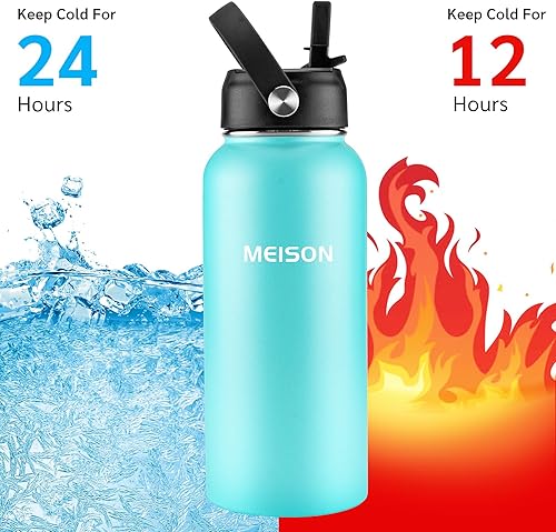 Miniatura 5 de Botella de agua aislada con popote de 32 onzas, botella de agua deportiva de 1 litro, reutilizable, boca ancha, aspiradora de acero inoxidable 188,