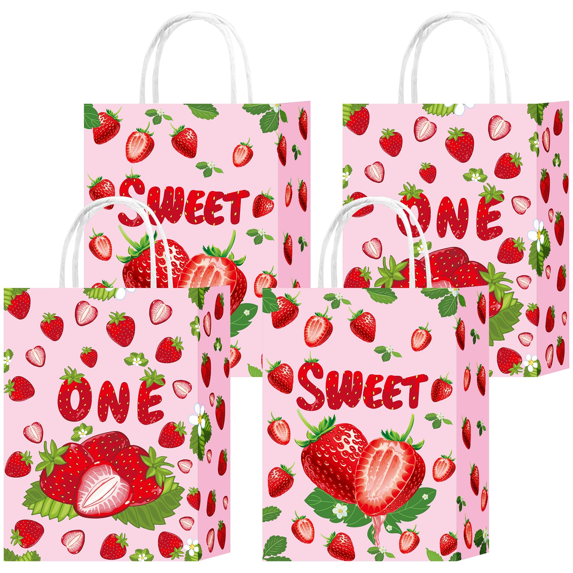 Hitkmi 16 Pcs Strawberry Gift Bags Small Strawberry Paper Goodie Bags with Handles for Birthday Party Berry Sweet Party Favor Bags Snack Candy Bags