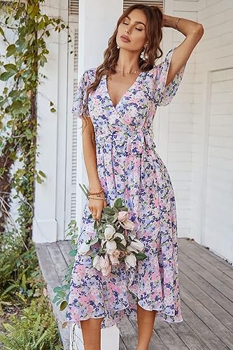 Miniatura 2 de PRETTYGARDEN - Vestido floral para mujer estilo bohemio, cruzado, con cuello en V, manga corta, con cinturón, dobladillo con volantes, acampanado