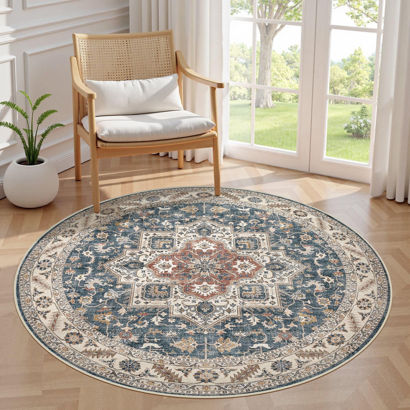 5ft Round Vintage Living Room Area Rug - 5x5 Large Soft Washable Oriental Traditional Distressed Farmhouse Rugs for Bedroom - Indoor Floor Accent Carpet for Home Office House Decor - Vintage Blue — image 1