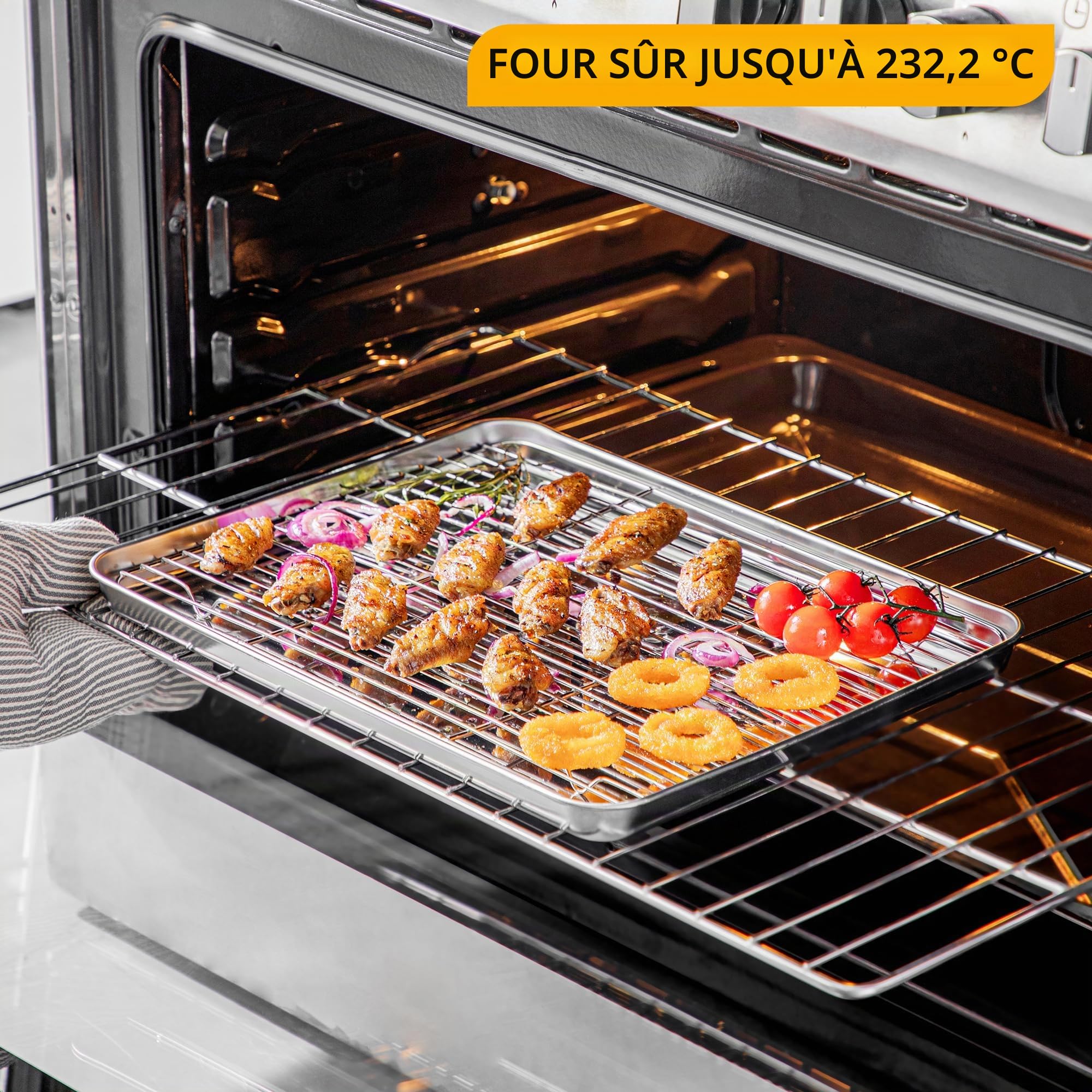 Velaze Plaque Pâtisserie et Grille INOX, Plaque de Cuisson avec Volette de 4 Pcs, Plateau Patisserie sans Revêtement, Plat à Rôtir de 40cm x 30cm