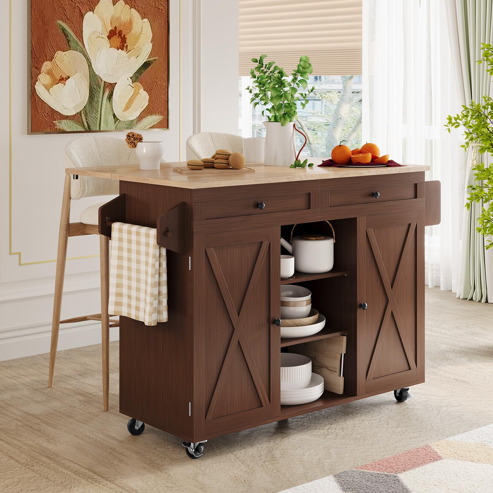 HOLTICO Isola Cucina Pieghevole con Ruote Bloccabili, Carrello Cucina Multifunzione con Piano Ribaltabile e Armadio di Stoccaggio, Arredo Salvaspazio per Cucina e Sala da Pranzo, Marrone Caffè