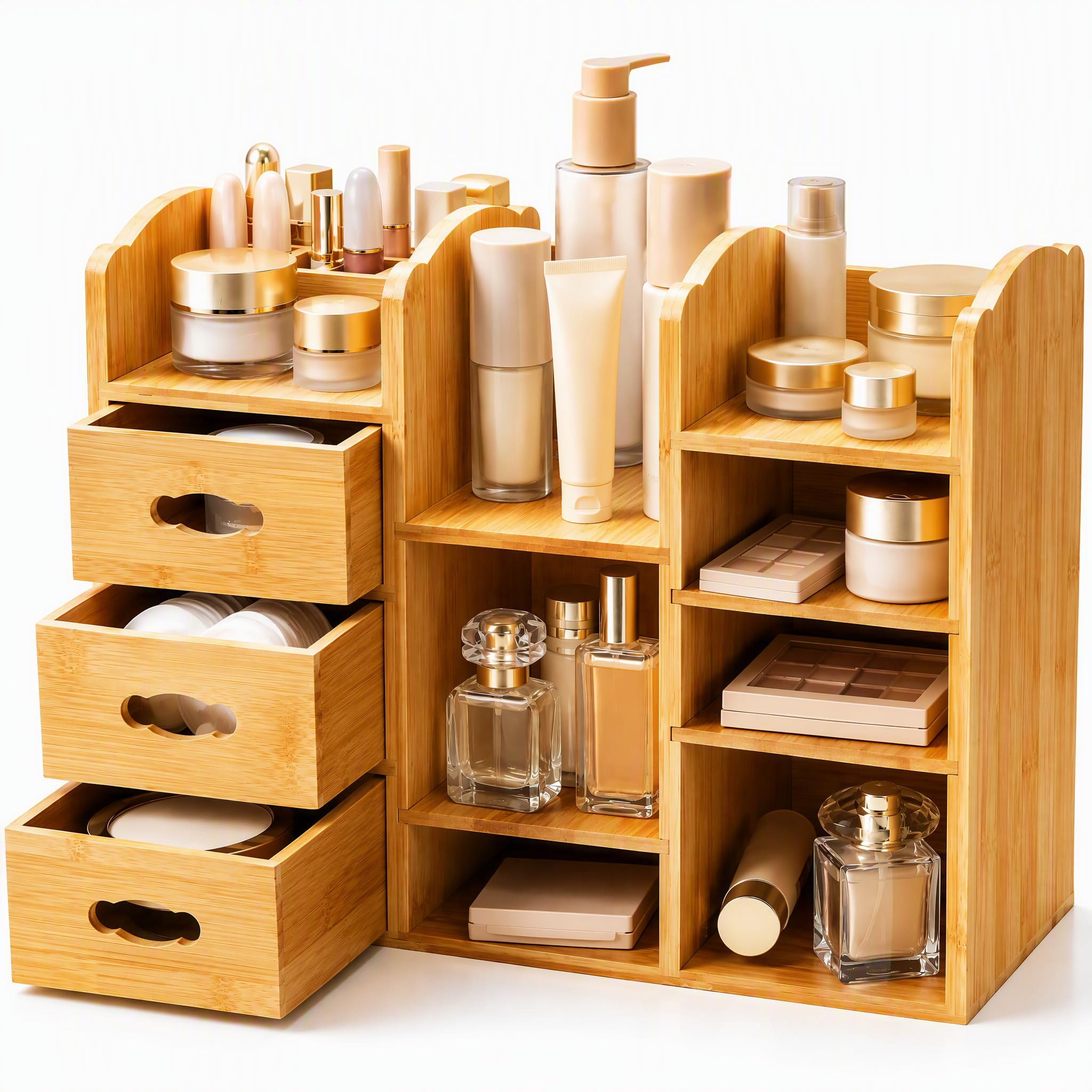 Coloch Make-up-Organizer aus Bambus mit Schubladen, multifunktionale Kommode, Make-up-Aufbewahrung, Tisch-Organizer, Regal für Schreibtisch, Hautpflege, Kosmetik-Display, Schreibwaren-Aufbewahrung