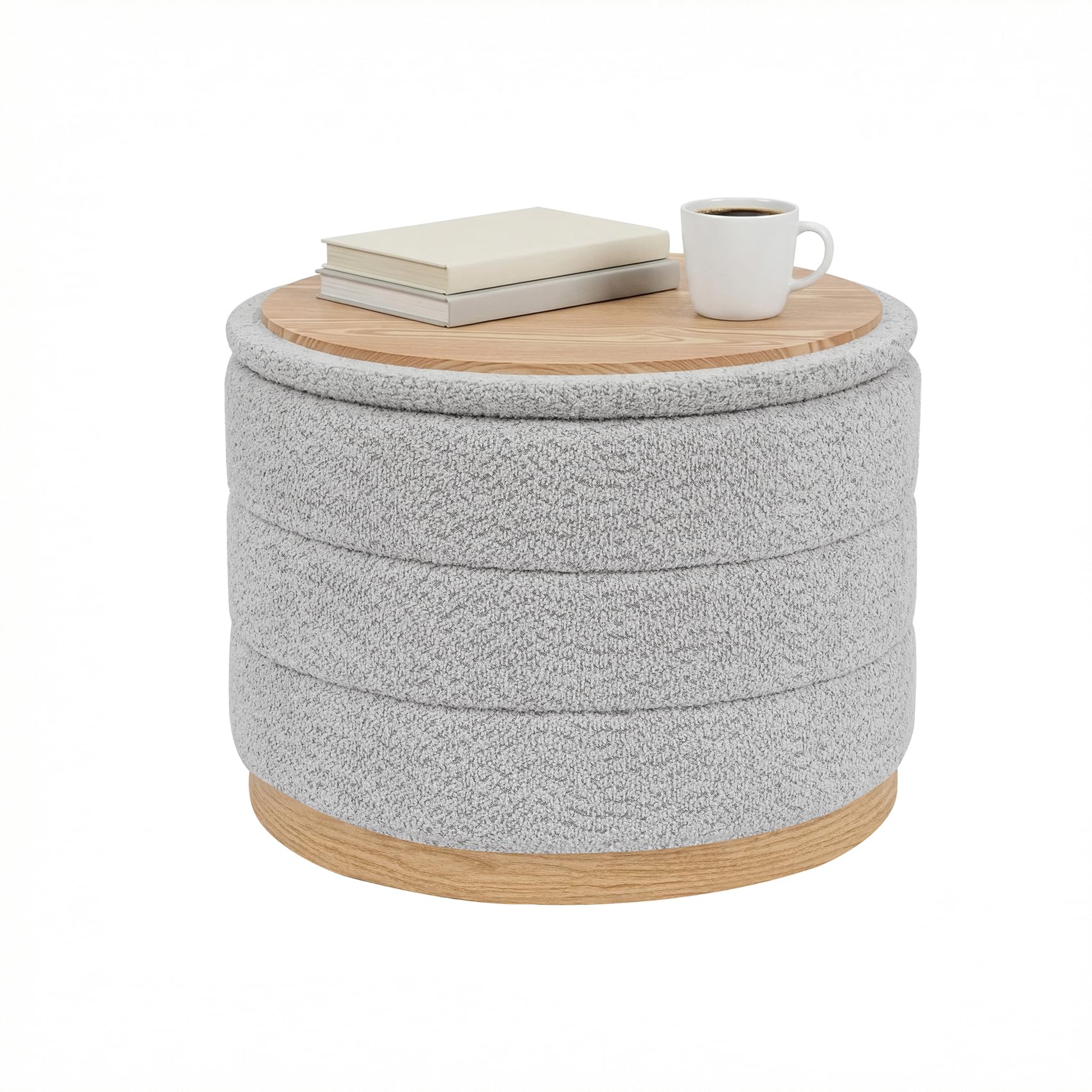 PINPLUS Runder Chenille Sitzhocker mit Stauraum, 2-in-1 Couchtisch & Fußhocker, klappbarer gepolsterter Hocker für Wohnzimmer, Schlafzimmer & Flur, 58 x 58 x 44 cm, Silbergrau