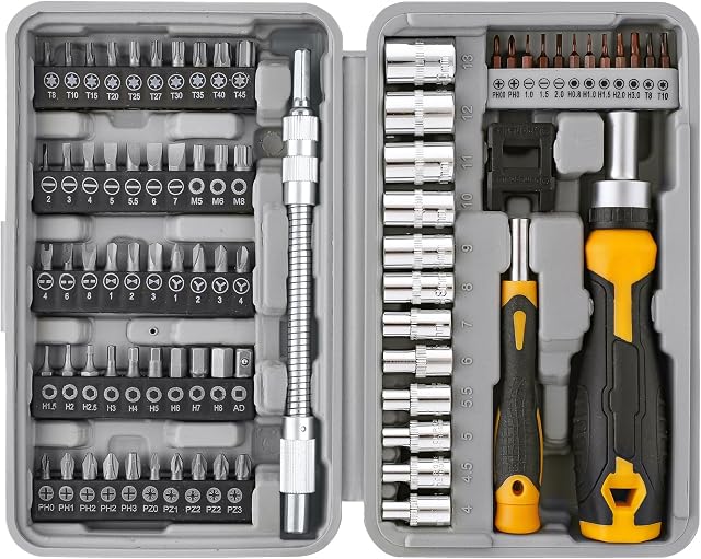 Hi-Spec Socket and Screwdriver Bit Set for Home Garage Repair Tasks | 79 pc included, wide fastening coverage, organized bit access, extension reach, precision task support, bench or portable use