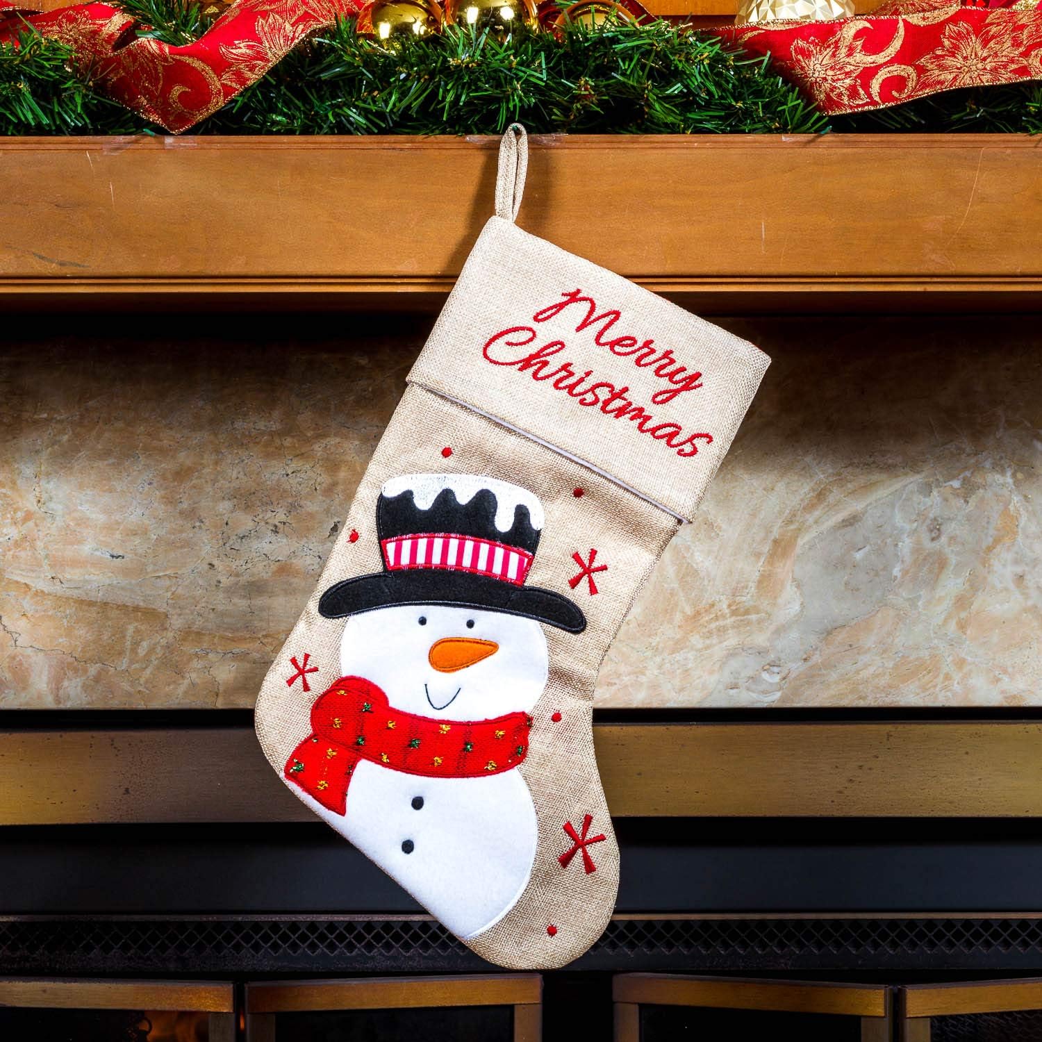 Imperial Home Christmas Stockings, Cute Holiday Decor, Santa's Toys Holder, Santa, Reindeer and Snowman Stocking, Xmas Party Decorations, Fireplace Hanging Decor, Family 3 PC Set, 18", Burlap image 4