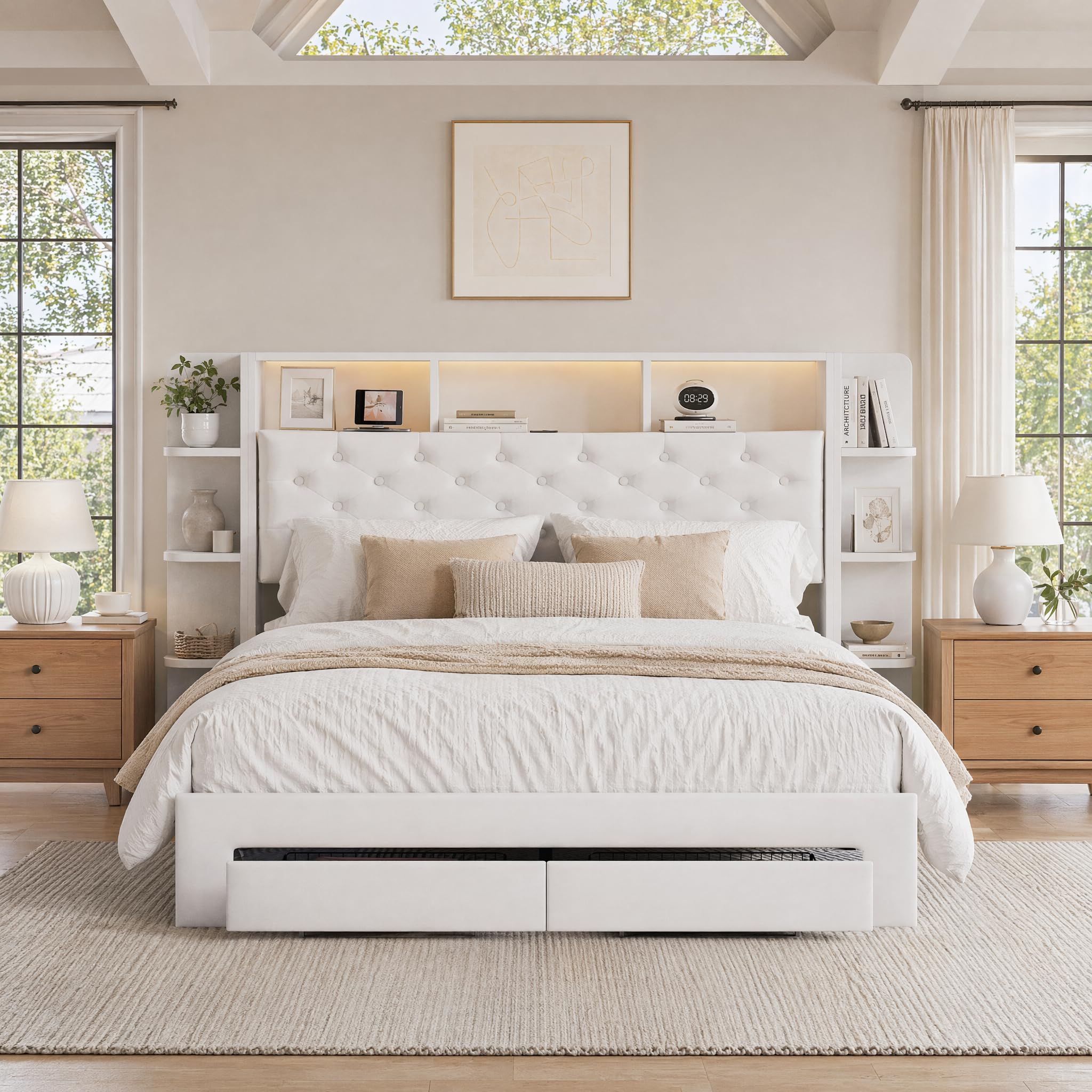 Doppelbett 140 x 200 cm, mit LED, gepolstertes Bett mit Schubladen und USB-Ladeanschluss, Bett mit Aufbewahrung, 140 x 200 cm, Samtstoff, Doppelbett mit USB, ohne Matratze (Weiß, 140 x 200 cm)