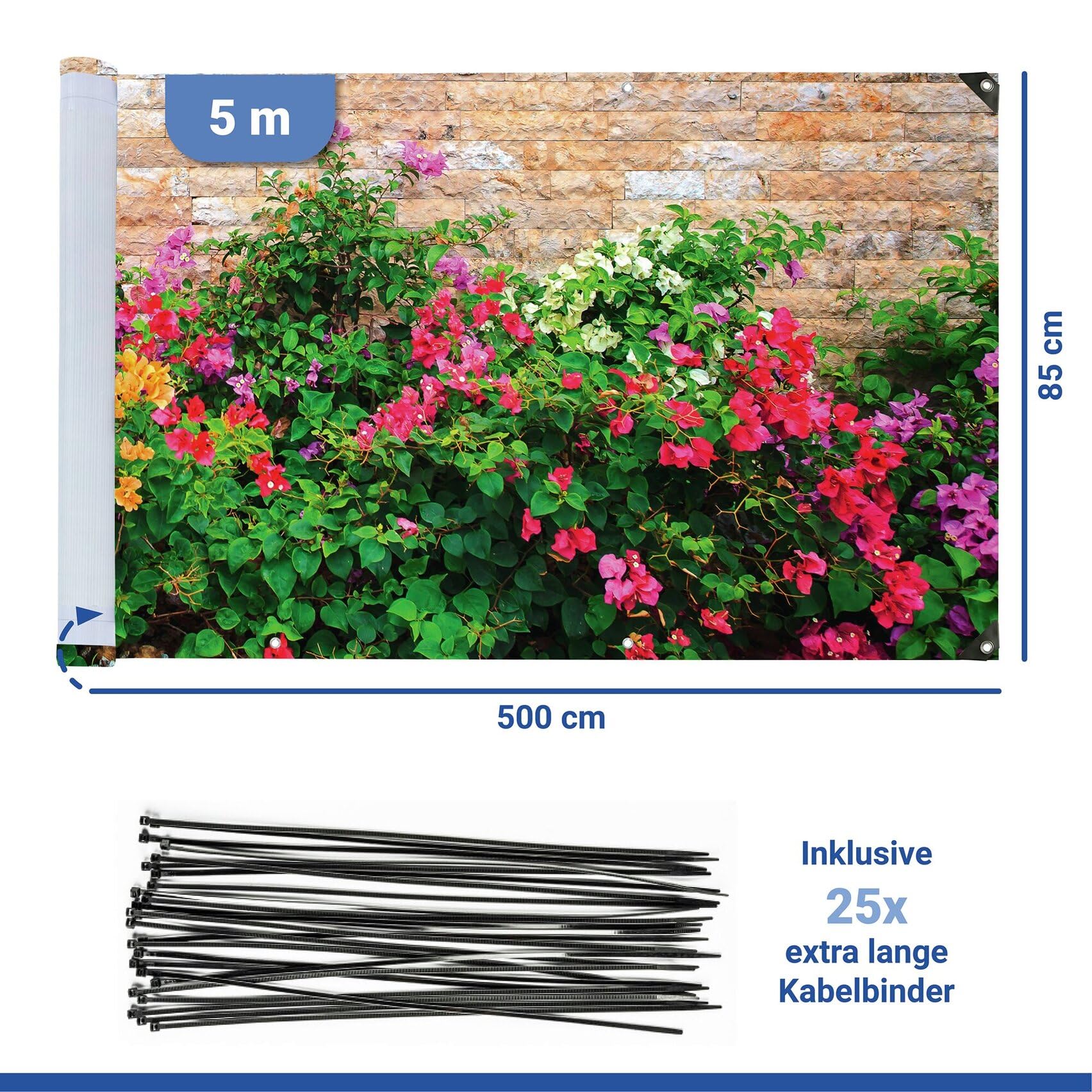 Maximex Balkon-Sichtschutz Mauerblumen, UV- und witterungsbeständig, Schnelltrocknend, Reißfest, 85 x 500 cm, Mehrfarbig
