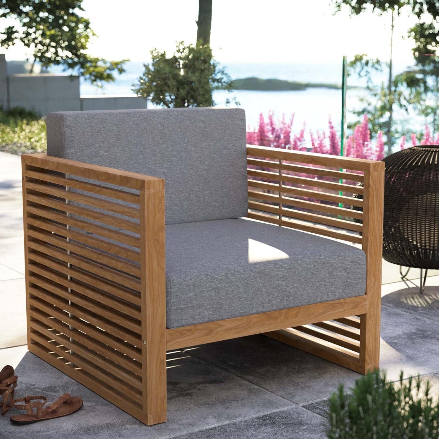 Modway Carlsbad Modern Fabric/Teak Wood Outdoor Armchair in Gray/Natural