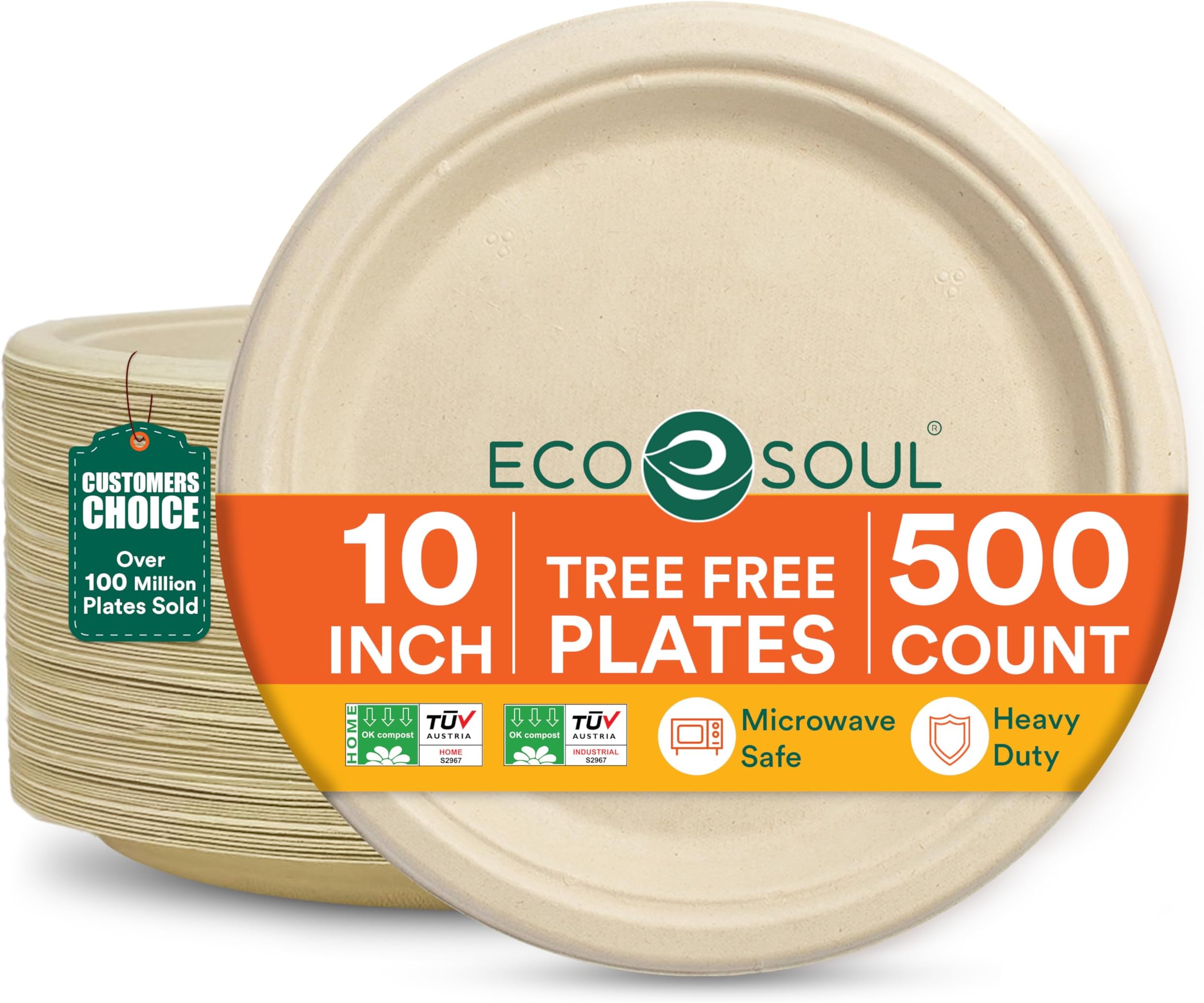 ECO SOUL 100% Compostable Paper Plates 10 Inch [500-Pack] Biodegradable Heavy Duty Eco-Friendly Disposable Plates for Christmas Dinner, Parties, Wedding & Event