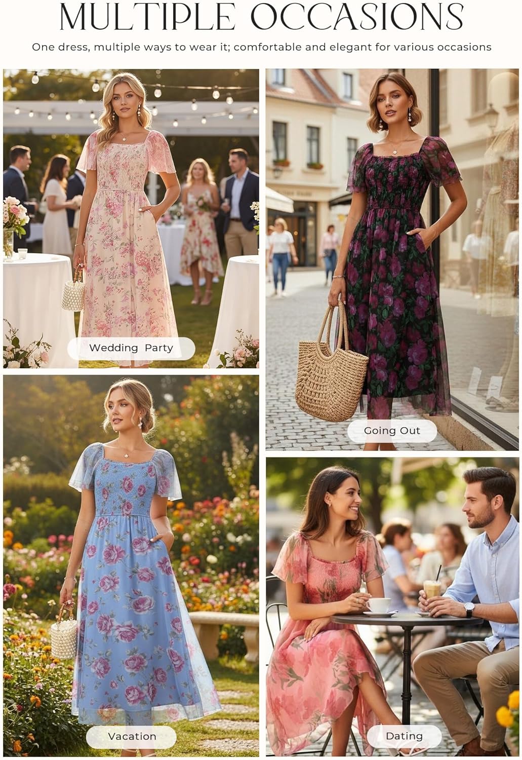 GRACE KARIN Women's Summer Floral Maxi Dress 2026 Square Neck Smocked Mesh Dresses Short Sleeve Wedding Guest Sundress - Image 2