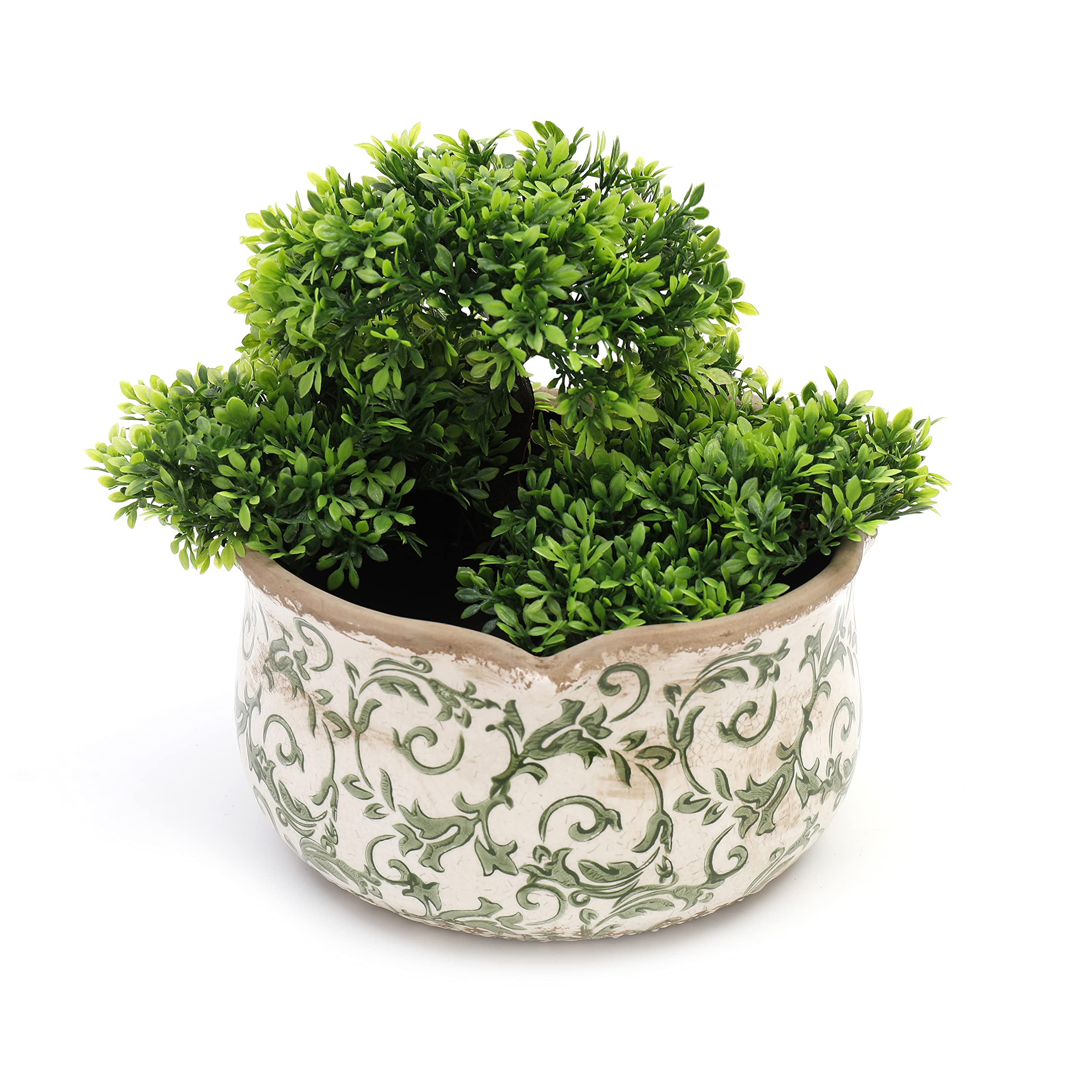 Annibells Green Vintage Cream Ceramic Round Floral Scalloped Planter Plant Flower Pot (Medium)