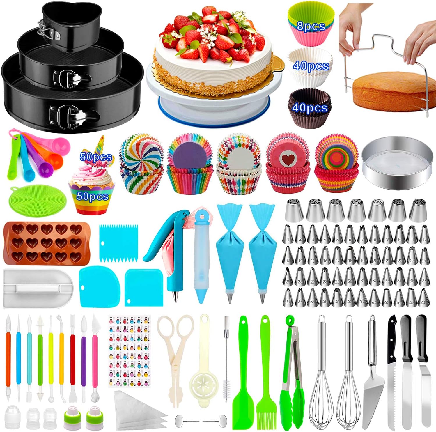 - Cake Decorating Supplies,493 PCS Cake Decorating Kit 3 Packs Springform Cake Pans, Cake Rotating Turntable,48 Piping Icing Tips,7 Russian Nozzles, Baking Supplies,Cupcake Decorating Kit, Multicolor