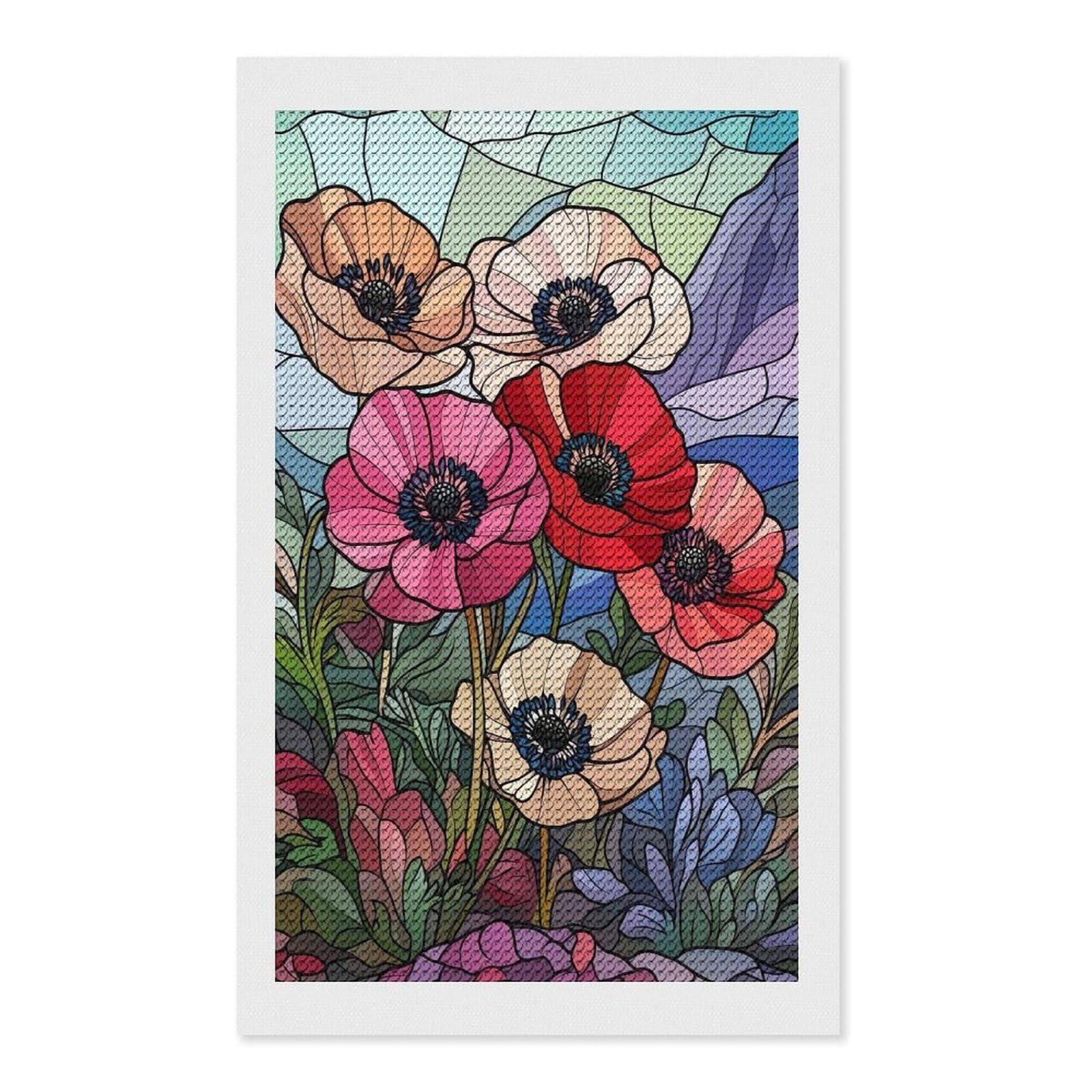 Junmoney Stained Glass Poppies Diamond Art Kit 12"x20", Vintage Style Decor, Stress Relief Craft, Decor Project, Relaxing DIY, Creative Hobby