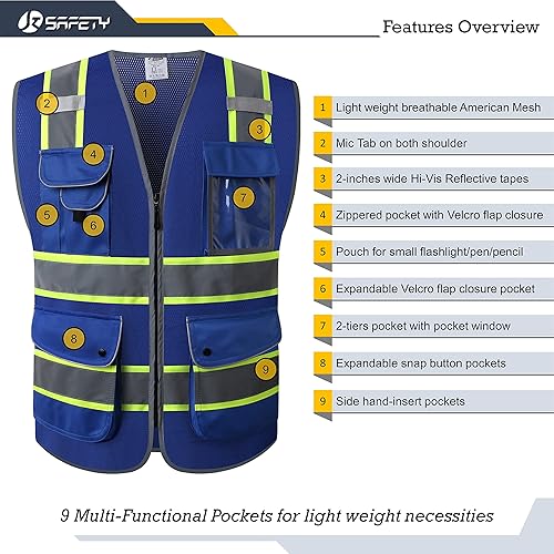 Miniatura 3 de JKSsafety - Chaleco de seguridad de alta visibilidad con 9 bolsillos HQ clase 2  Cuerpo de color neón con tiras reflectantes  Cumple con las normas