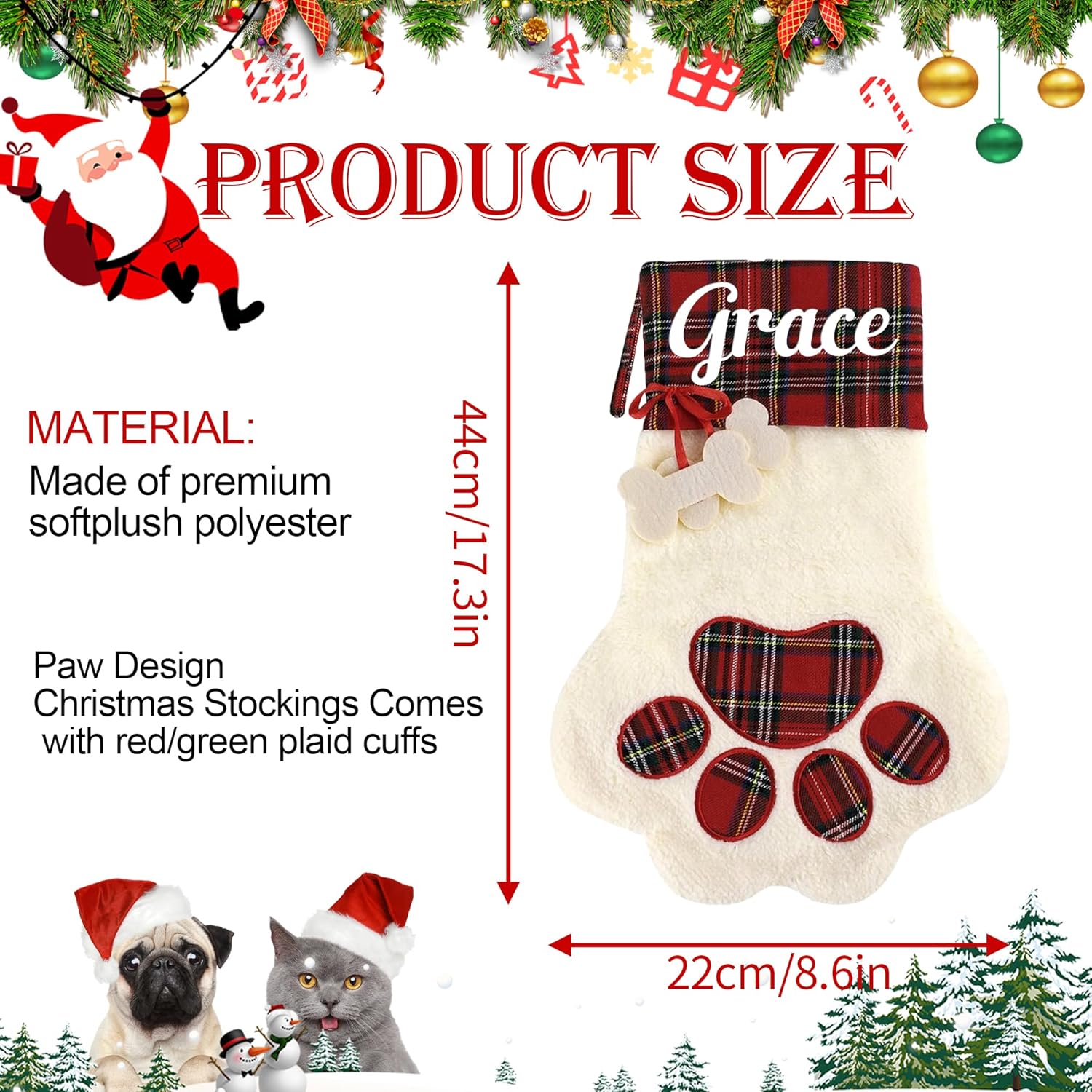 Personalized Dog Christmas Stocking, Custom Pet Paw Christmas Stocking with Name, Customized Xmas Stockings Plaid Cuff, Christmas Hanging Decor, Gifts for Dog, Cat, Pet, Kids, Family Set of 4