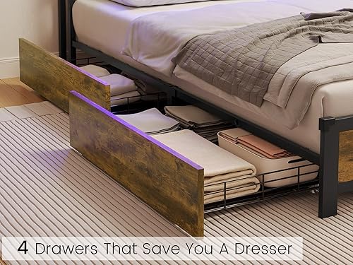 Miniatura 6 de BTHFST Base de cama LED Queen con cabecera de almacenamiento puertos USB y tomas de carga plataforma de metal con cajones de almacenamiento no