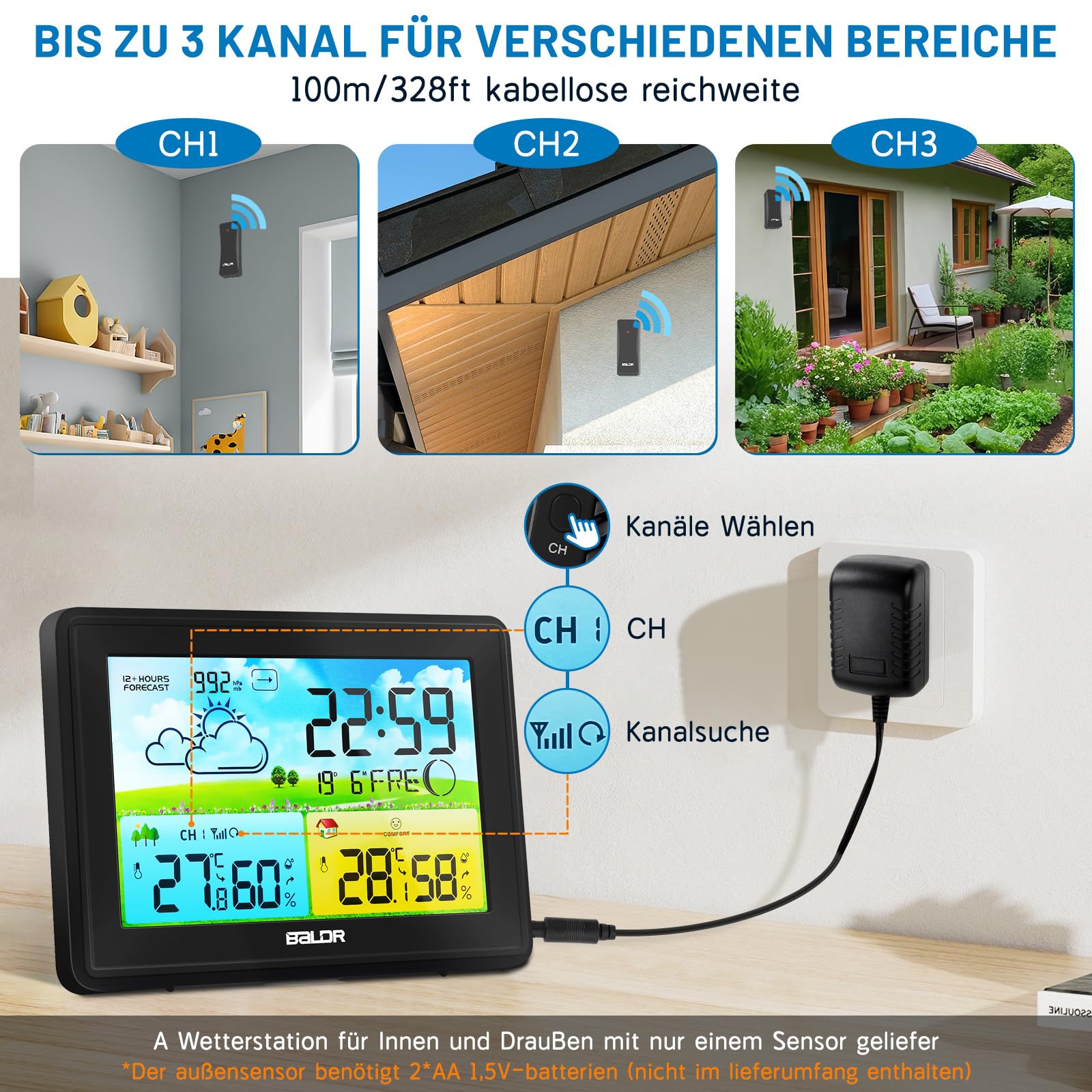 Wetterstation Funk mit Außensensor, Innen und Außen Temperatur/Luftfeuchte, Funkwetterstation mit Wettervorhersage, Barometer und Mondphase, Digital Farbdisplay DCF Funkuhr, zum Stellen/Hängen,Schwarz