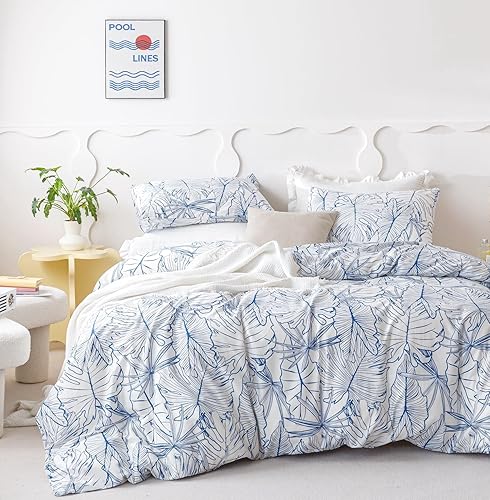 SUSYBAO - Juego de funda de edredón de 3 piezas, 100% algodón natural, hojas tropicales, hojas botánicas, flores, florales, cuadrícula con