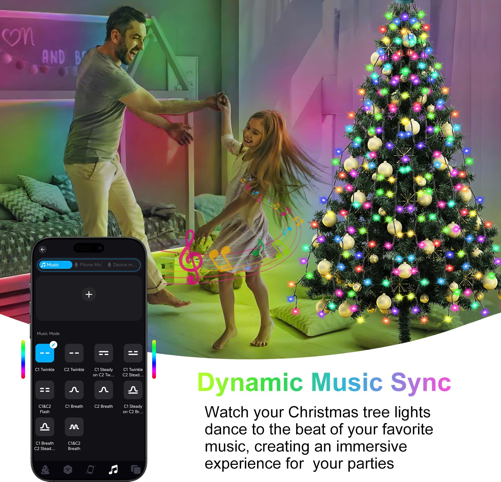 Luci per albero di Natale da 2 m con anello, telecomando e controllo tramite app, catena da 400 LED con 8 modalità, illuminazione per decorazioni natalizie