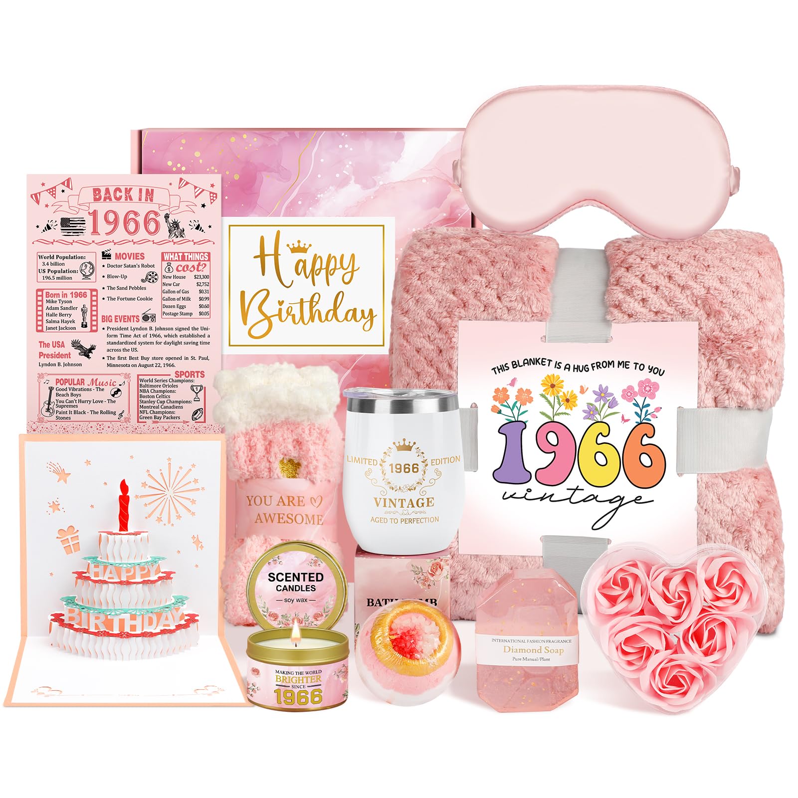 60th Birthday Gifts for Women, 1966 Birthday Spa Gift Basket with Blanket
