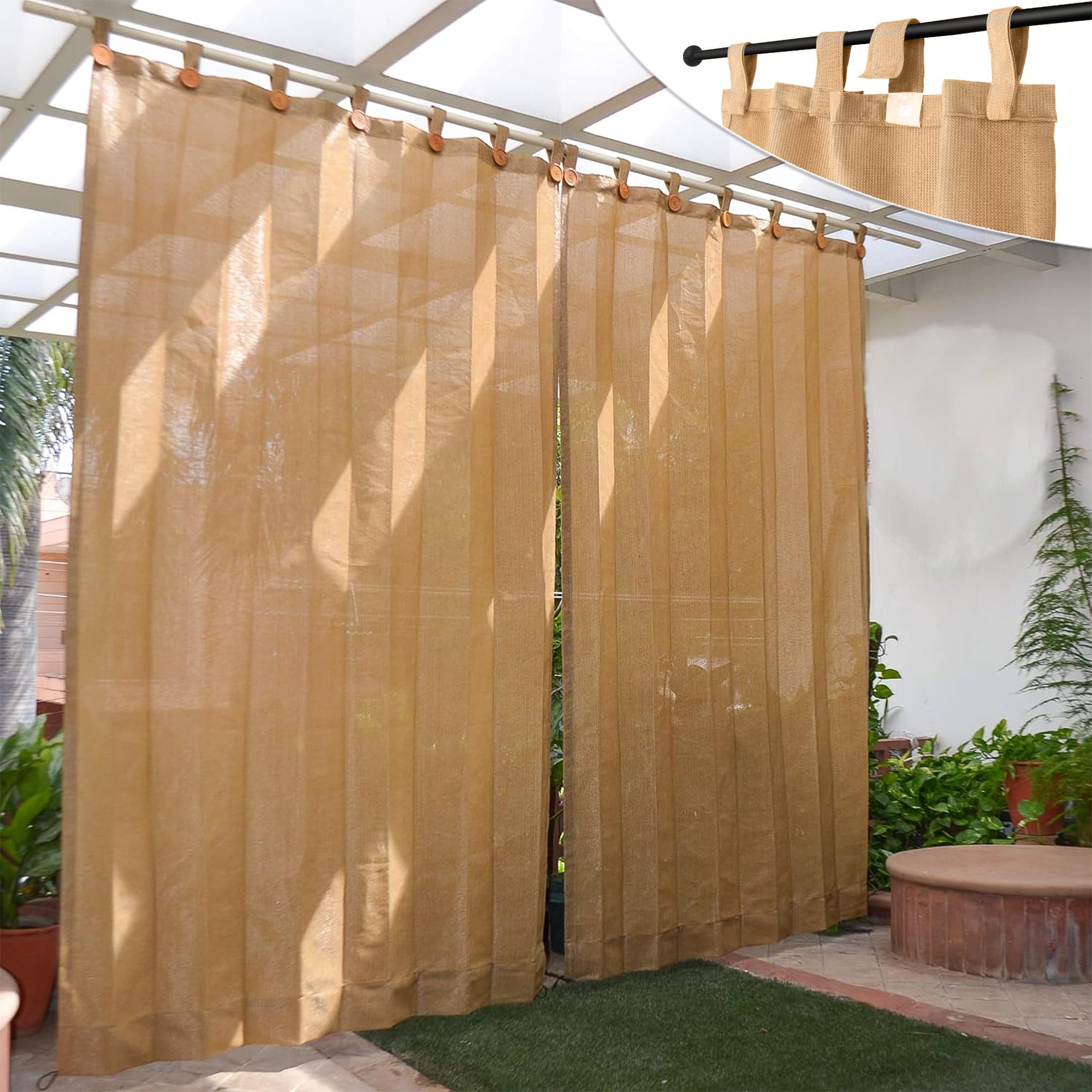 HIPPO - PE 85% Outdoor Sun Blocking Balcony Curtains Loop UV Protection, Sun Shading Light Filtering, Temperature Reducing 4.5 ft Window Curtain, Set of 2 pcs (Beige-Brown || 3FTX4.5FT)