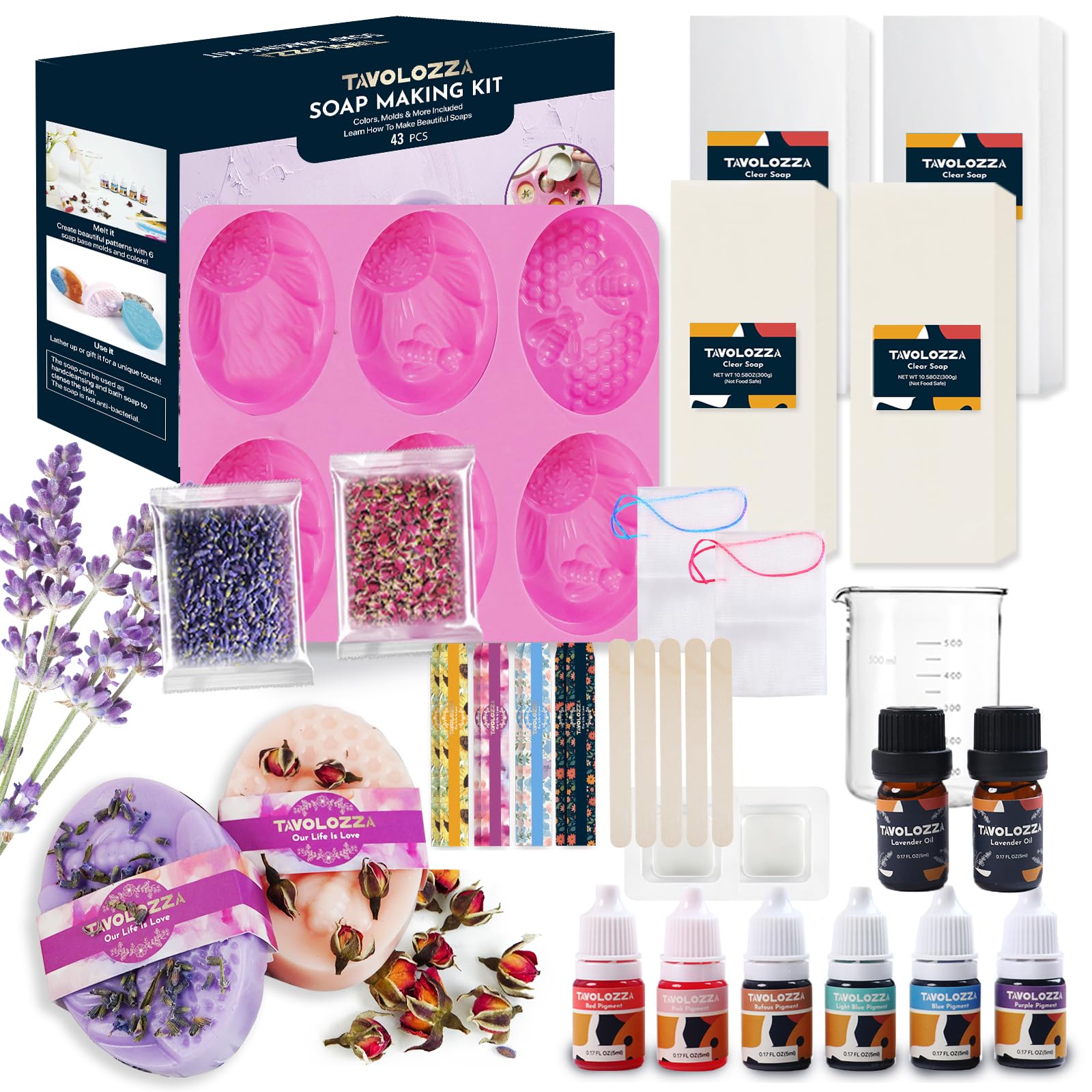TAVOLOZZA Soap Making Kit, Soap Making Supplies Includes Soap Base, Silicone Soap Mold, Dried Flowers, Pigments, DIY Craft Kit for Adults & Kids