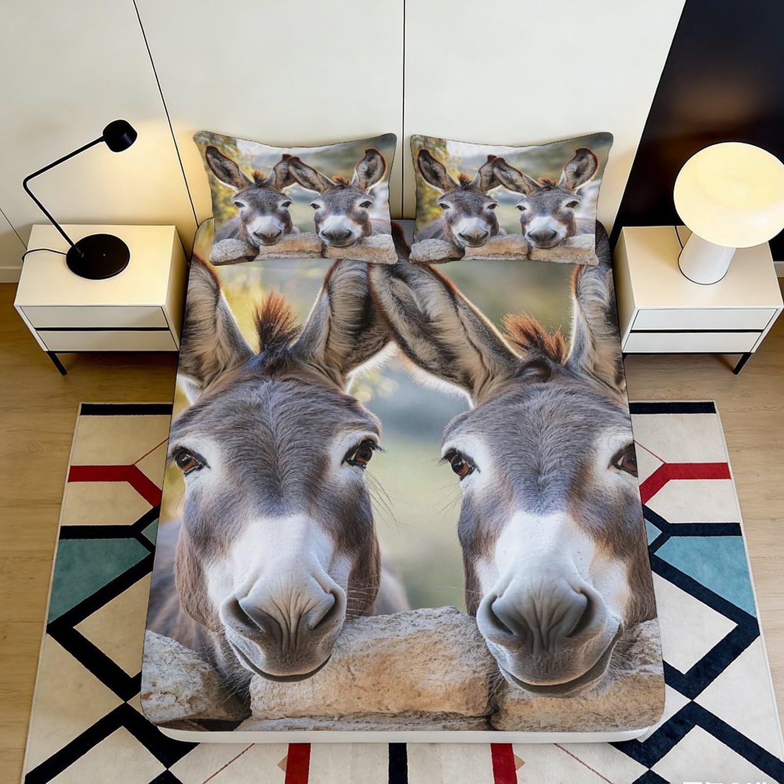3D Printed Donkey Portrait Fitted Sheet Microfiber Soft Breathable Pasture Mattress Cover for Bedroom Guest Room Decor 90x200x25cm