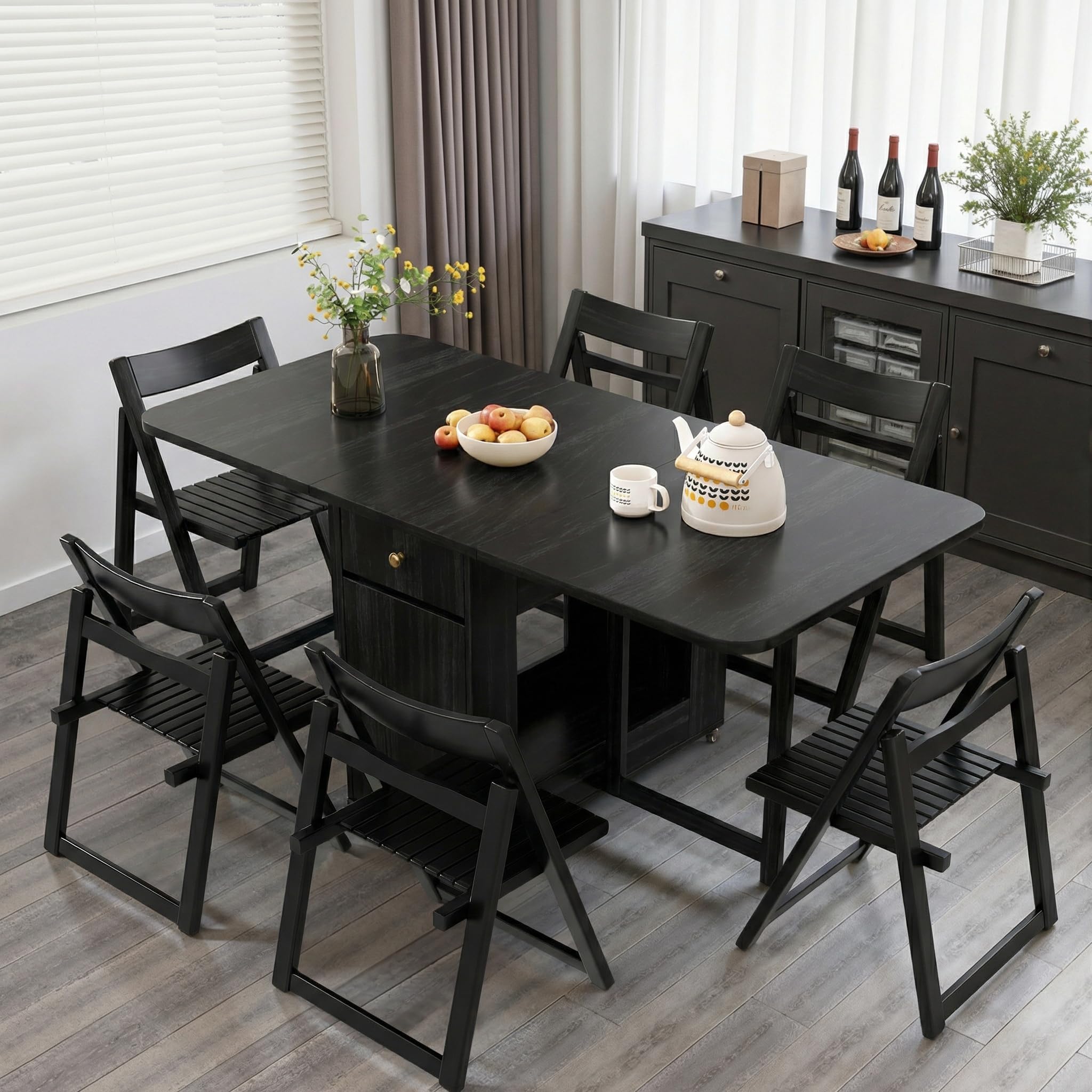 Drop Leaf Table and Chairs - 59" Fully Assembled Folding Dining Table 4-6 Seater with Storage and Lockable Wheels, Space-Saving Set with 6 Chairs for Kitchen or Dining Room (Black)