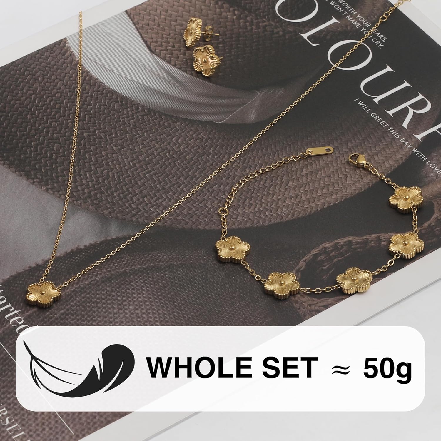 18K Gold Five Leaf Clover Jewelry Set - Complete Necklace Bracelet Earrings Gift Set for Women - Image 5