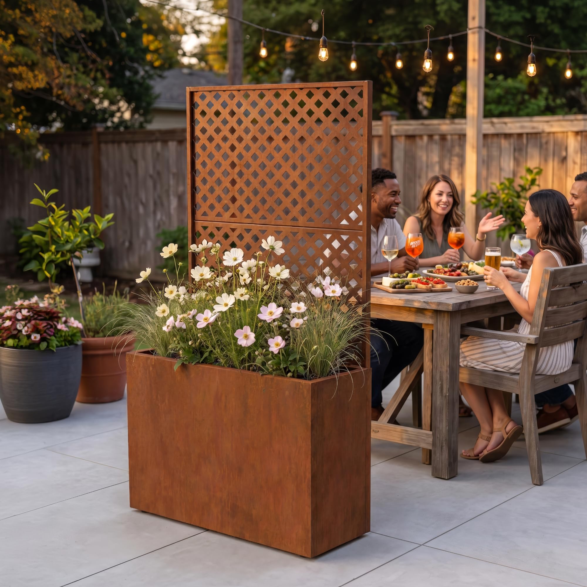 casa.pro Fioriera Alta con Spalliera Separé 146x83x31 cm Marrone Ossidato | Acciaio Corten Pannello Divisore Privacy Portapiante Rettangolare Grigliato Frangivista Giardino Terrazza Interno Esterno