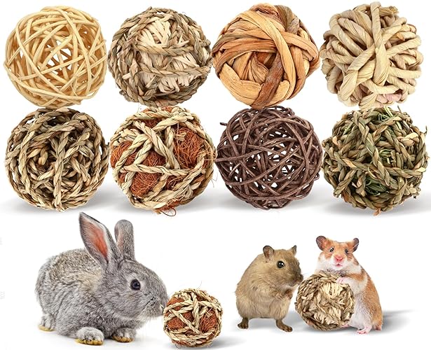 VESPRO Bunny Chew Grass Balls, Rolling Chew Toys for Small Animals, Natural Chew Grass Toys and Bunny Treats for Rabbits, Guinea Pigs, Chinchillas, Hamsters, Mice Teeth Grinding (8 Pcs) - 8 pack