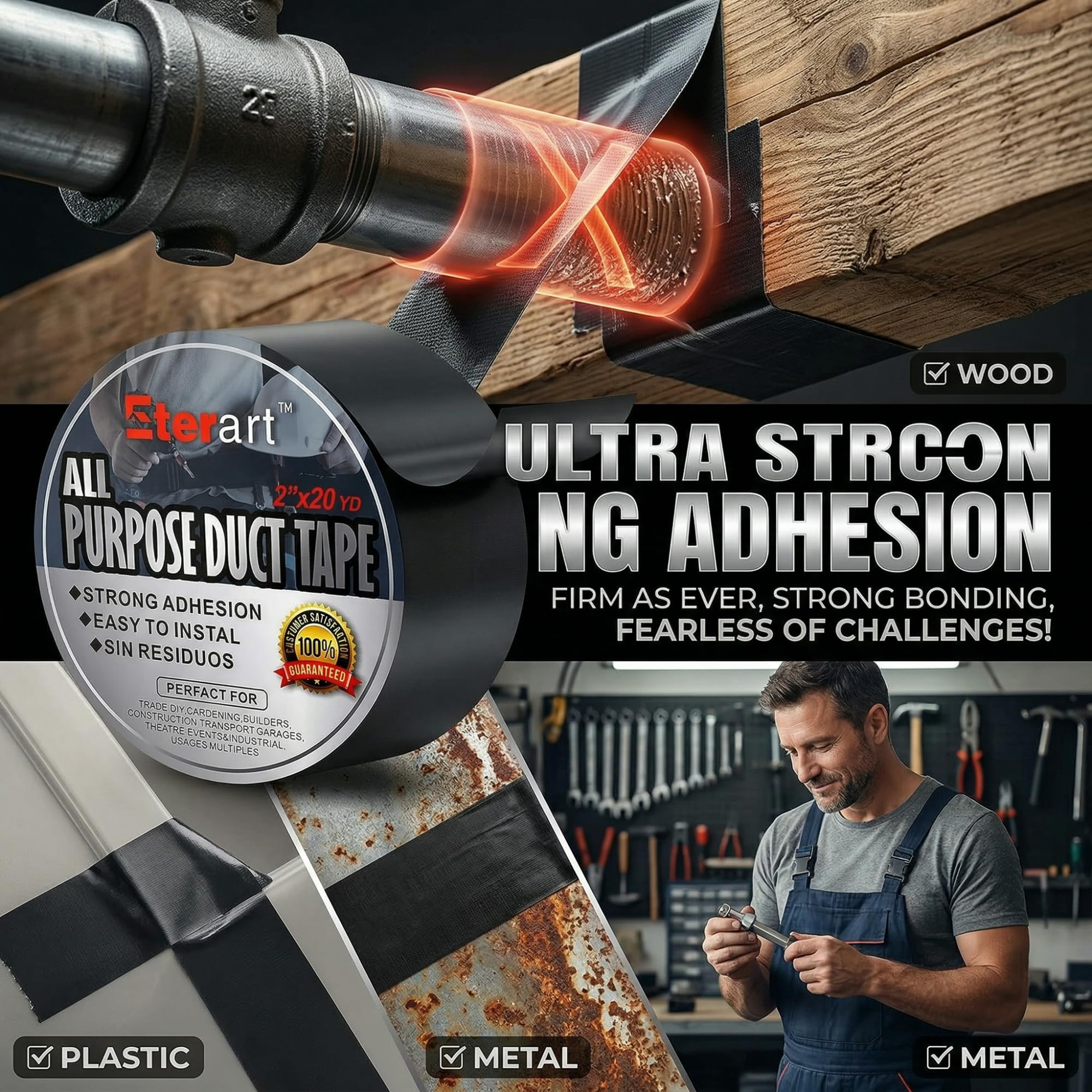 Eterart Cinta adhesiva Haevy Duty resistente industrial de máxima resistencia, cinta negra, sin residuos ni desgarros a mano, multiusos, uso en interiores y exteriores, 2 pulgadas x 20 yardas