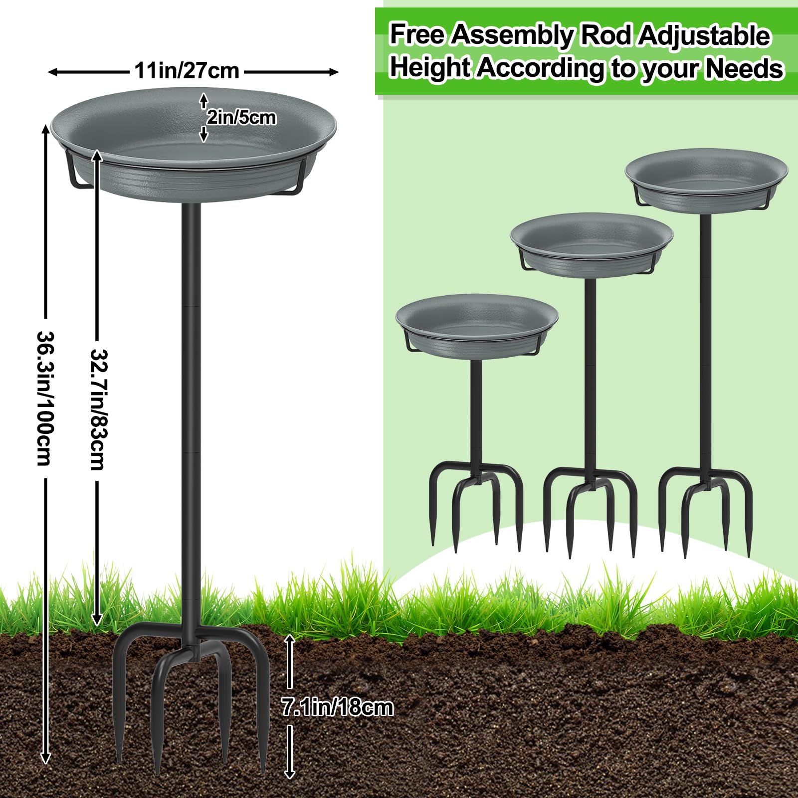 Bebedero de exterior para pájaros, cuenco de 71 cm, con estaca de metal, decoración desmontable, para jardín, terraza, patio, césped, base de 4 pies en punta (gris)