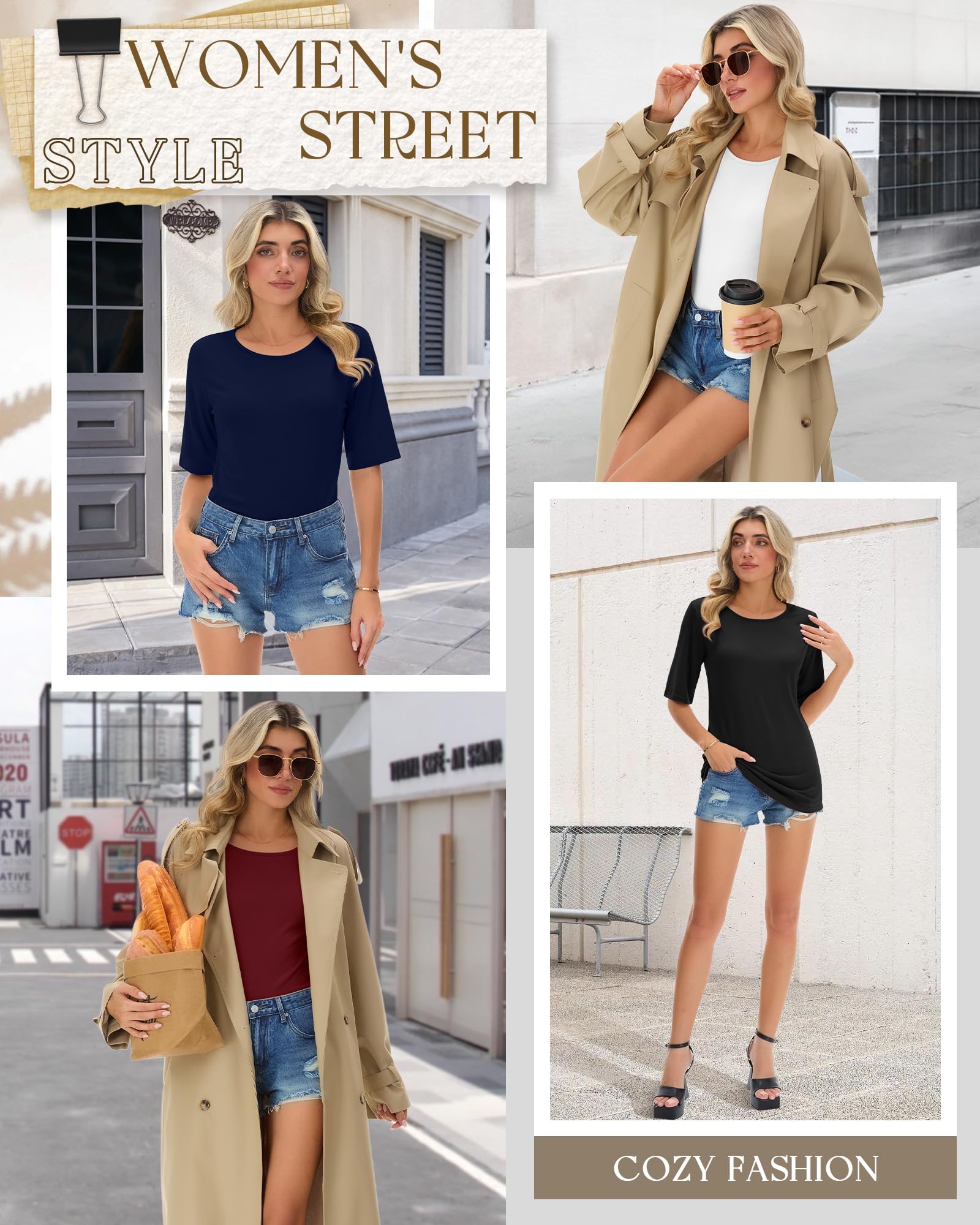 Neer Paquete de 4 Camisetas de Manga Corta para Mujer, hasta el Codo, Cuello Redondo, Estilo Casual de Verano. | Ajuste de gran tamaño, manga hasta el codo, tela suave, estilo básico casual, uso diario, trabajo, viajes, primavera, verano