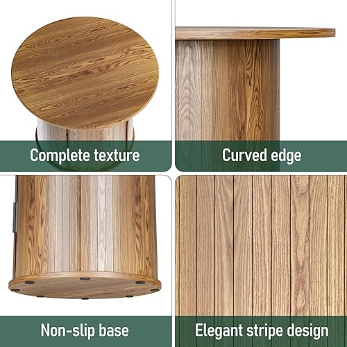 Miniatura 5 de Mesa auxiliar redonda pequeña de 27.6 pulgadas para sala de estar, mesa auxiliar acanalada de granja con almacenamiento de estante de 2 neumáticos,