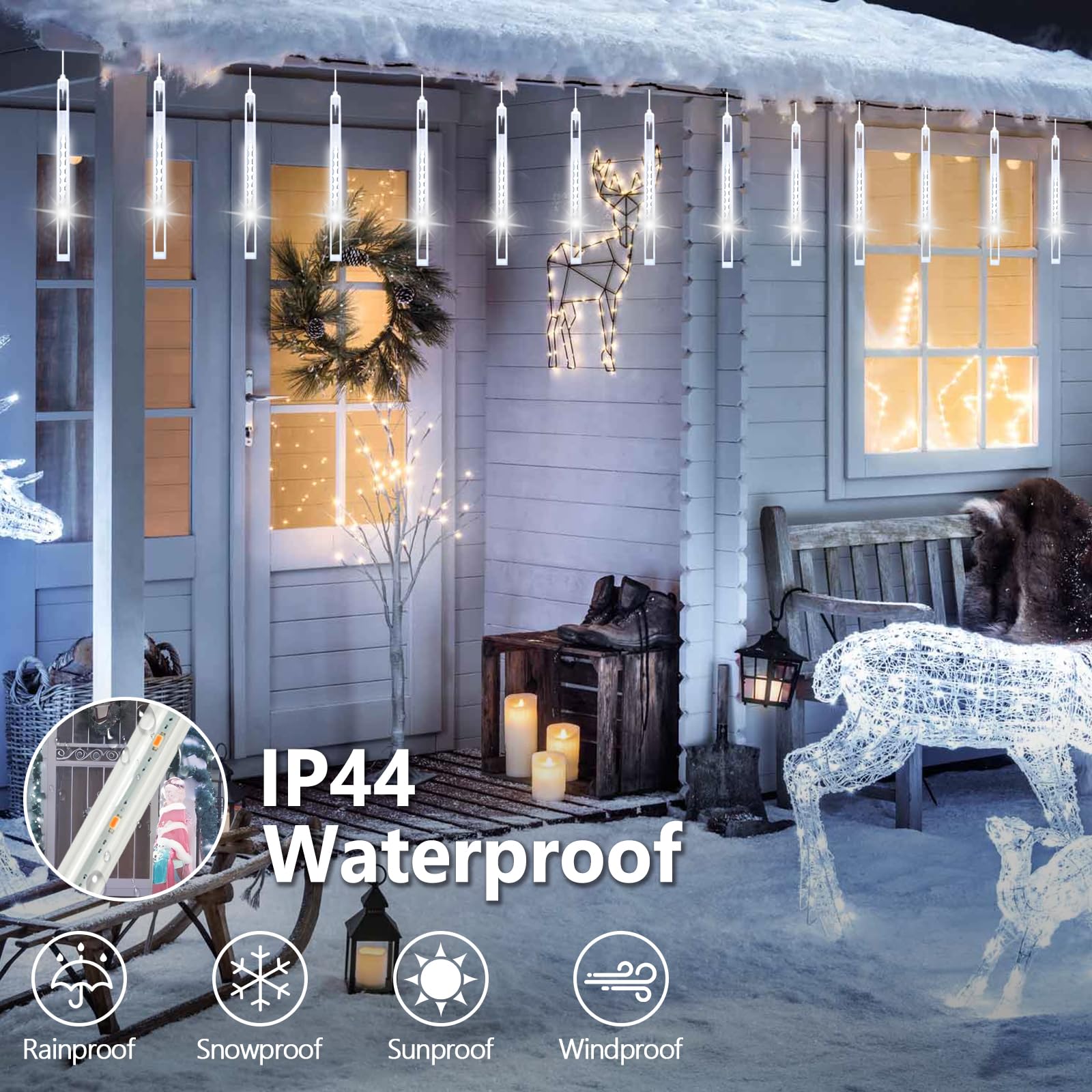 YIQU Weihnachts-Meteorschauerlichter, 2 Stück, 8 Röhren, Meteor-Lichter, LED, fallende Lichter, geeignet für Weihnachten, Urlaub, Party, Zuhause, Terrasse, Outdoor-Dekoration (kaltweiß)