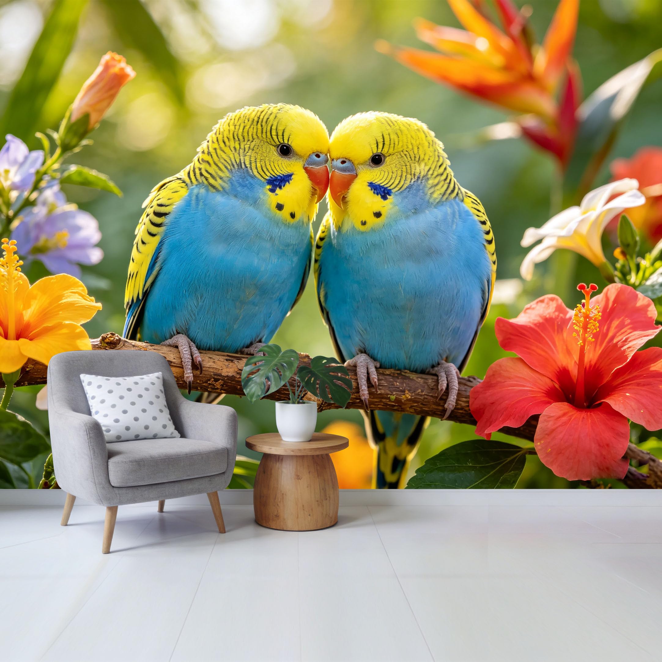 Qzlithotic Yq2605250033 Custom Size Wall Mural Pair Of Budgies Tropical Flowers Botanical Watercolor Selfadhesive Wall Fabric Removable Wallpaper For Home Office Decor
