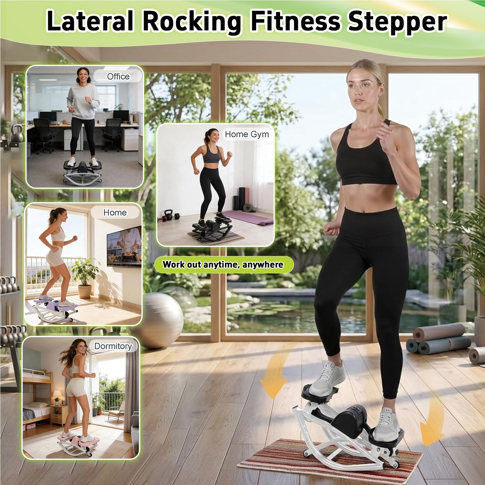 Rock Stepper Máquina de Ejercicios de Movimiento Lateral Silenciosa con Pantalla LCD y Bandas de Resistencia - para Casa y Debajo del Escritorio Premontada - Acero al Carbono