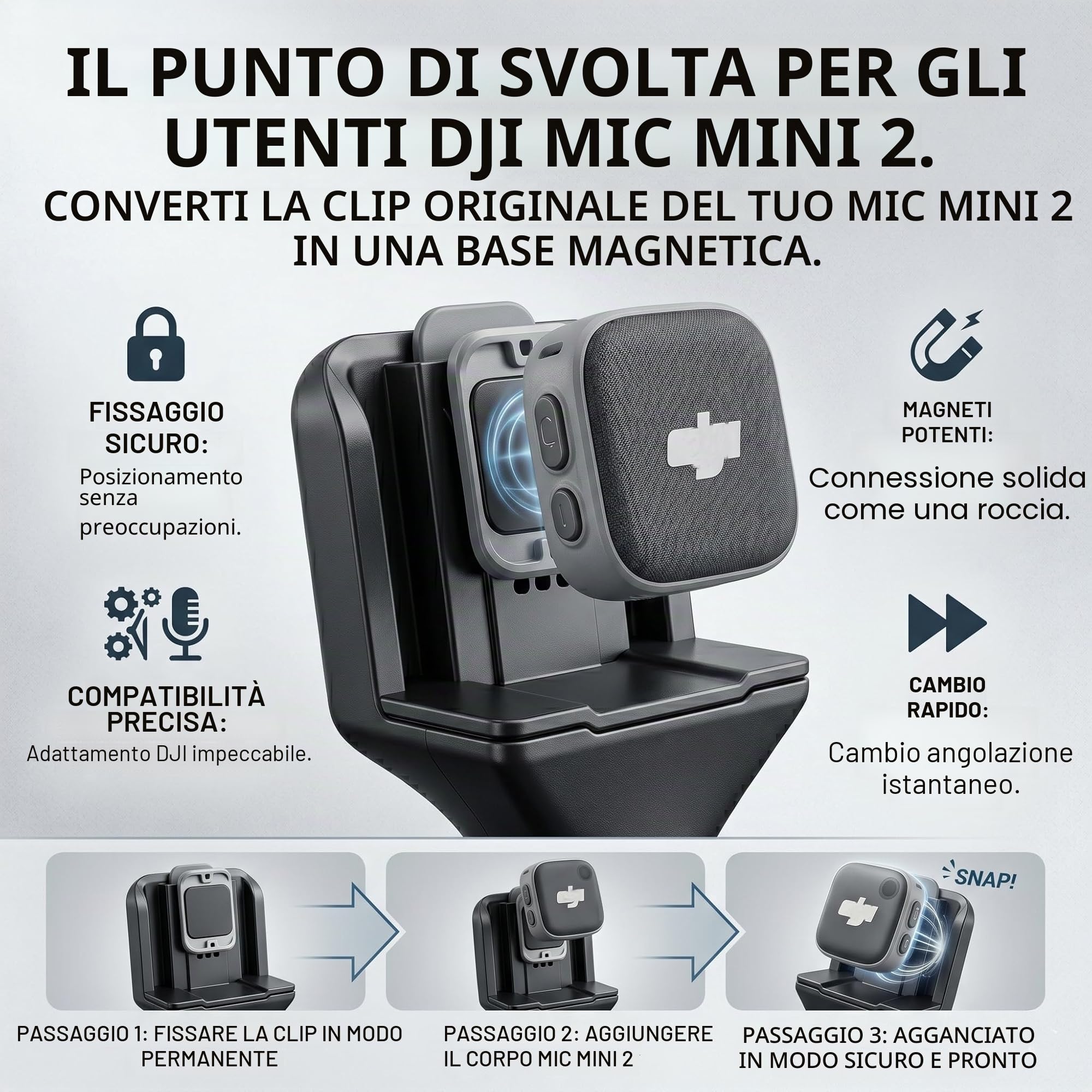 Supporto per DJI Mic 3/2/Mini 2/Mini/Rode Wireless GO II/Insta360 Handle Rig Wireless Interview Lavalier Microfono Adattatore Palmare per DJI Osmo Pocket 3/4 Mic 2/3/Hollyland Lark M1/C1/Synco G1/A2