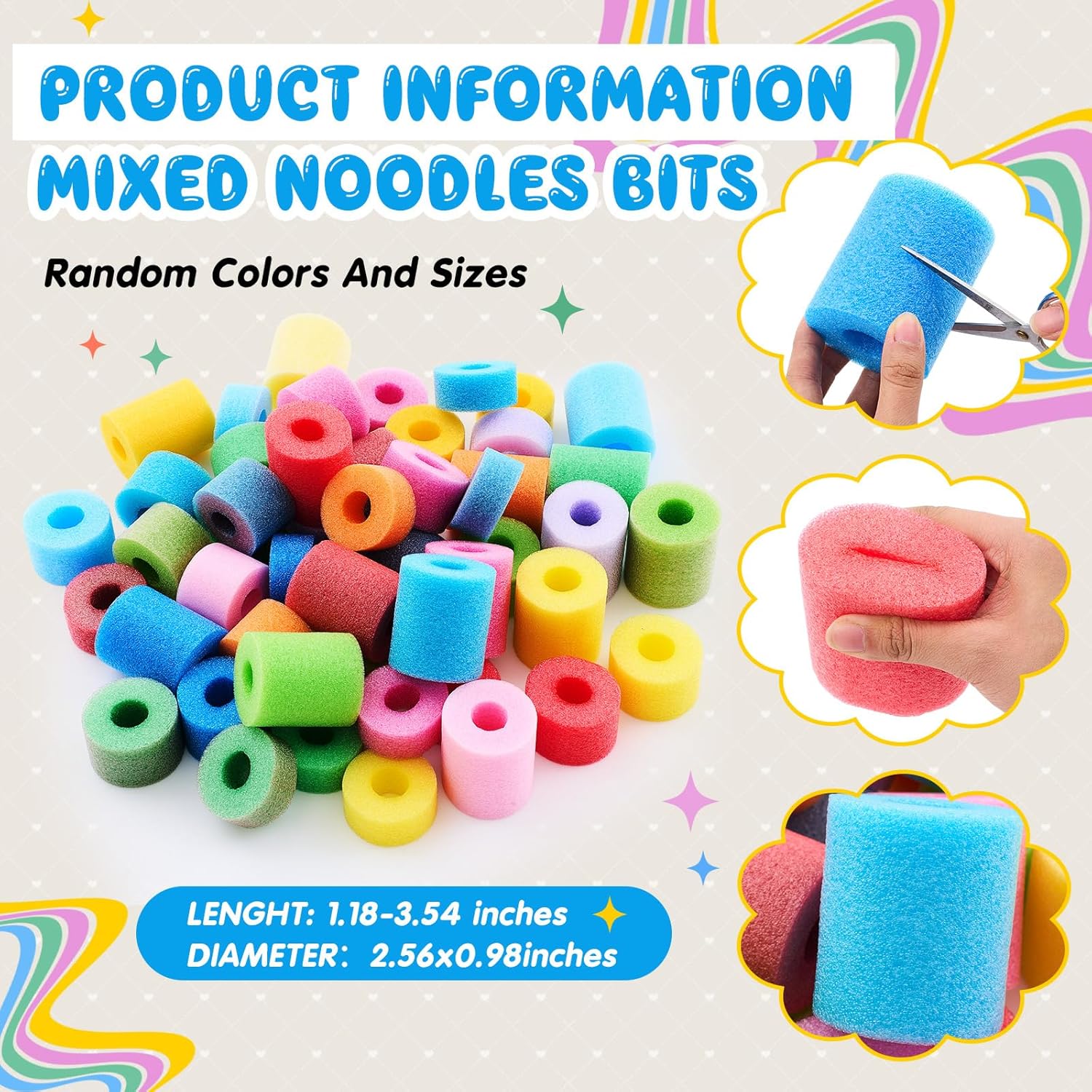 Frienda 100 Pcs Pool Noodles Bits Multicolor Craft Small Size Versatile Mixed Floating Pool Noodles Foam Rope Tube for Play or DIY Craft Multipurpose (2.56 x 1 Inch,Pastel Colors)
