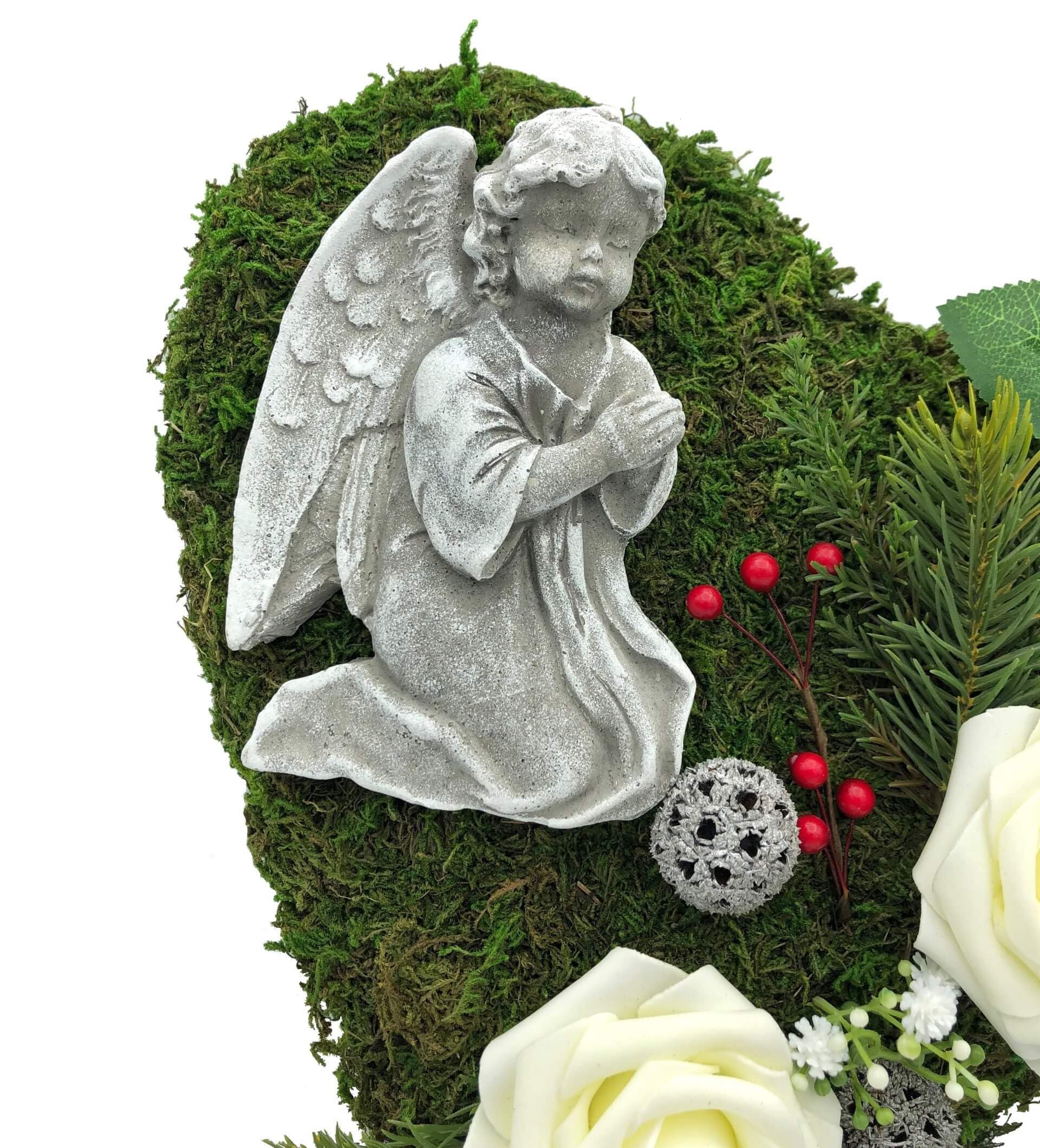 Radami Grabgesteck Grabschmuck Grabaufleger Moosherz Grabherz Trauerherz Grab Herz Gesteck Rosen mit Engel (Rosen Weiß)