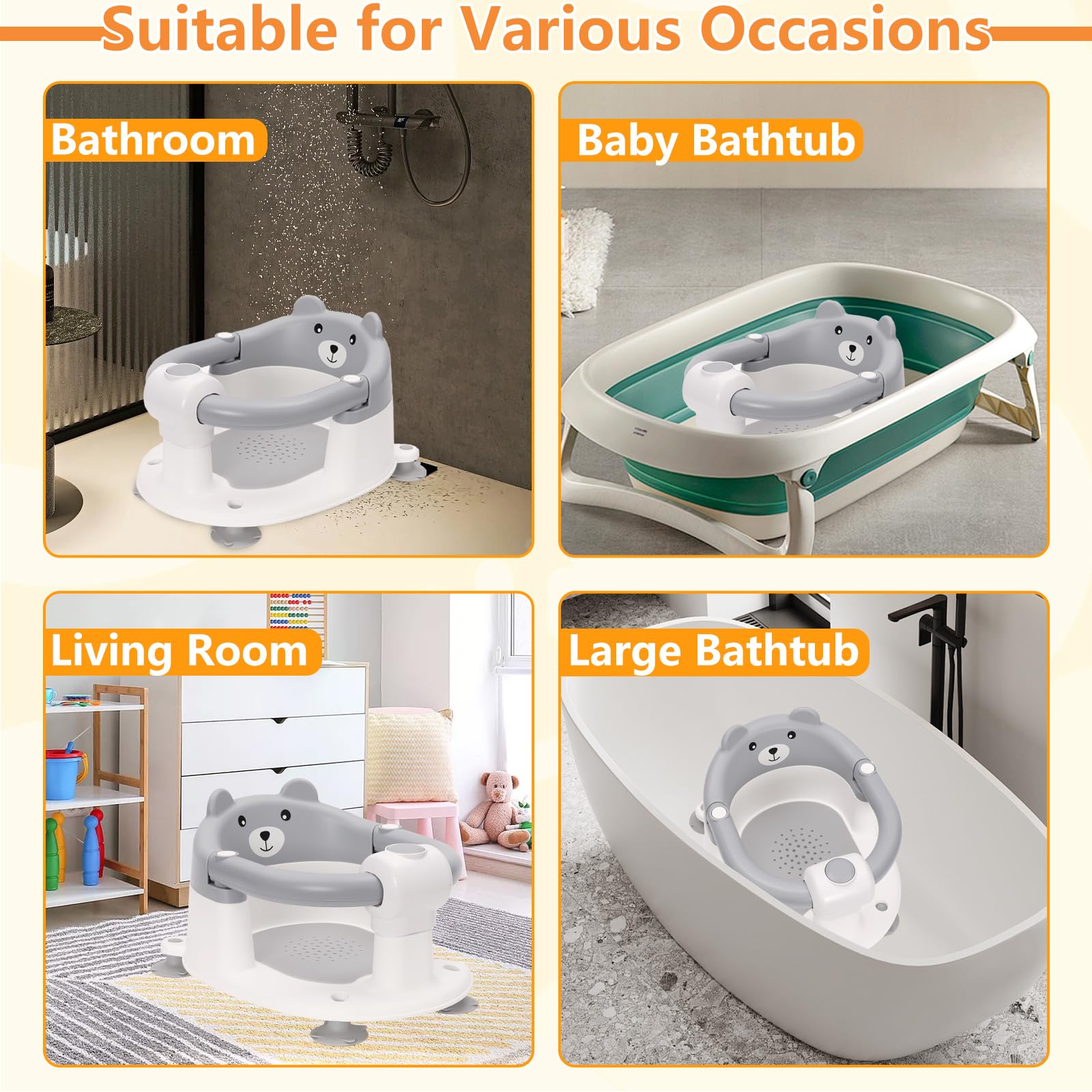 Badewannensitz Baby ab 6-24 monate Badesitz Baby mit 4 Starken Saugnäpfen Ergonomisch Rückenlehne und 360° Rundumschutz Rutschfeste Sicherer Duschsitz Geschenke für Kleinkinder und Neugeborene Grau